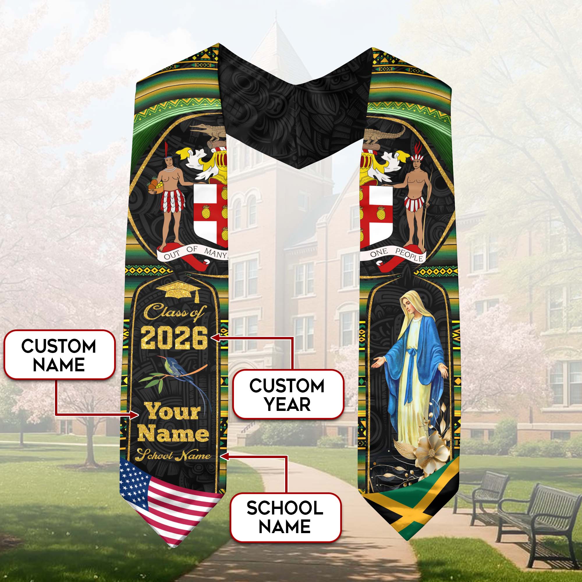 Jamaican Flag Graduation Stole 2026, Jamaica Sash Stole, Personalize for Grads 2026