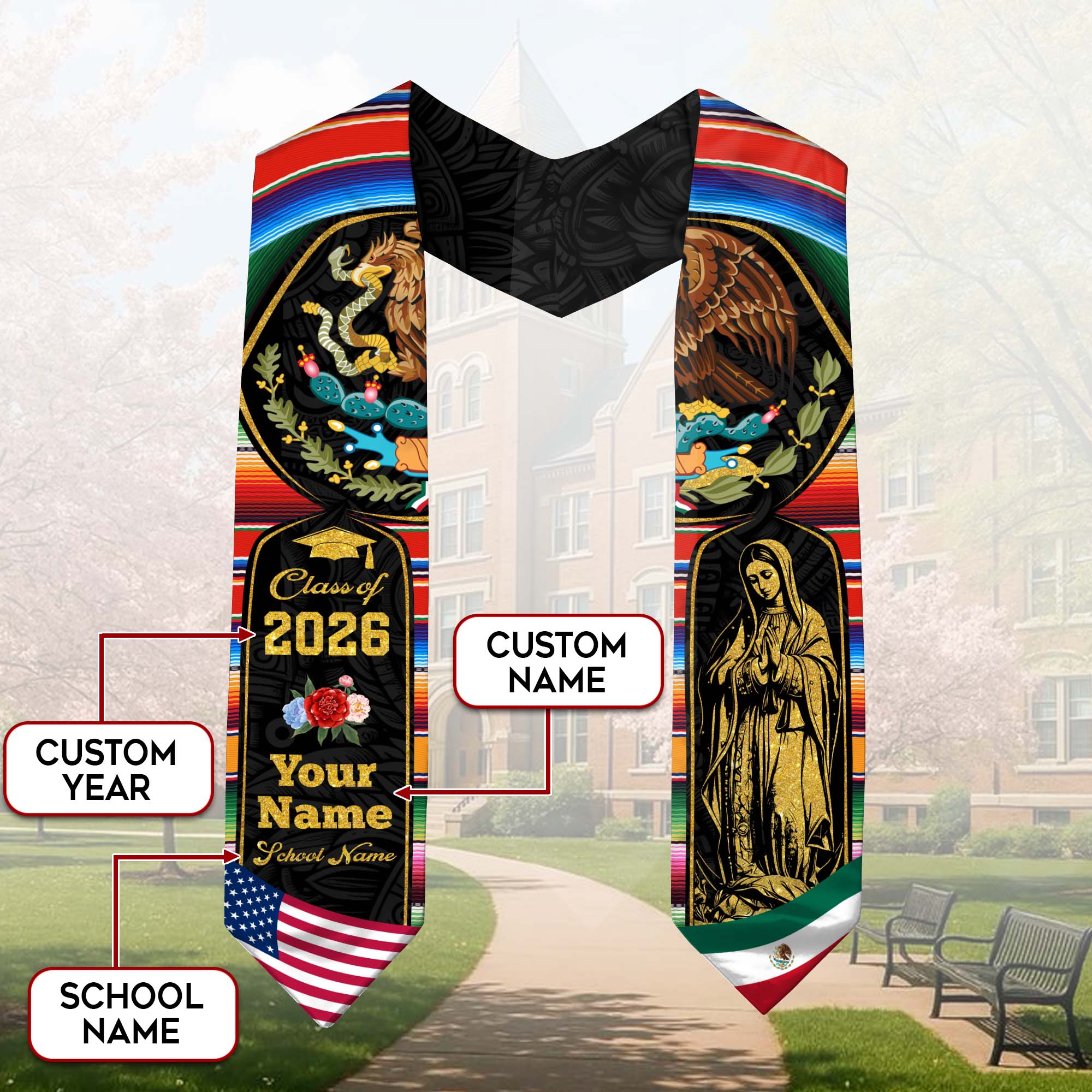 Mexican Graduation Stole 2026, Mexico Flag Sash, Custom Detail Choice for Class of 2026