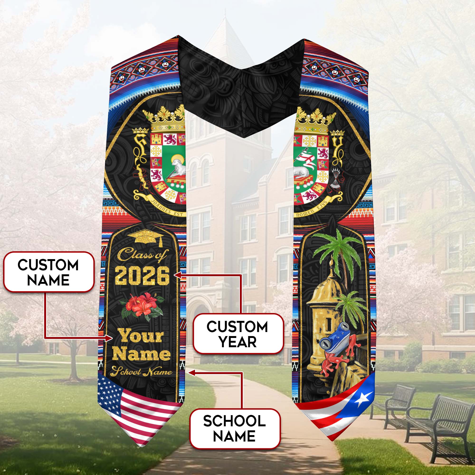 Puerto Rico Graduation Stole 2026, Puerto Rican Flag Sash, Custom-Ready Style for 2026