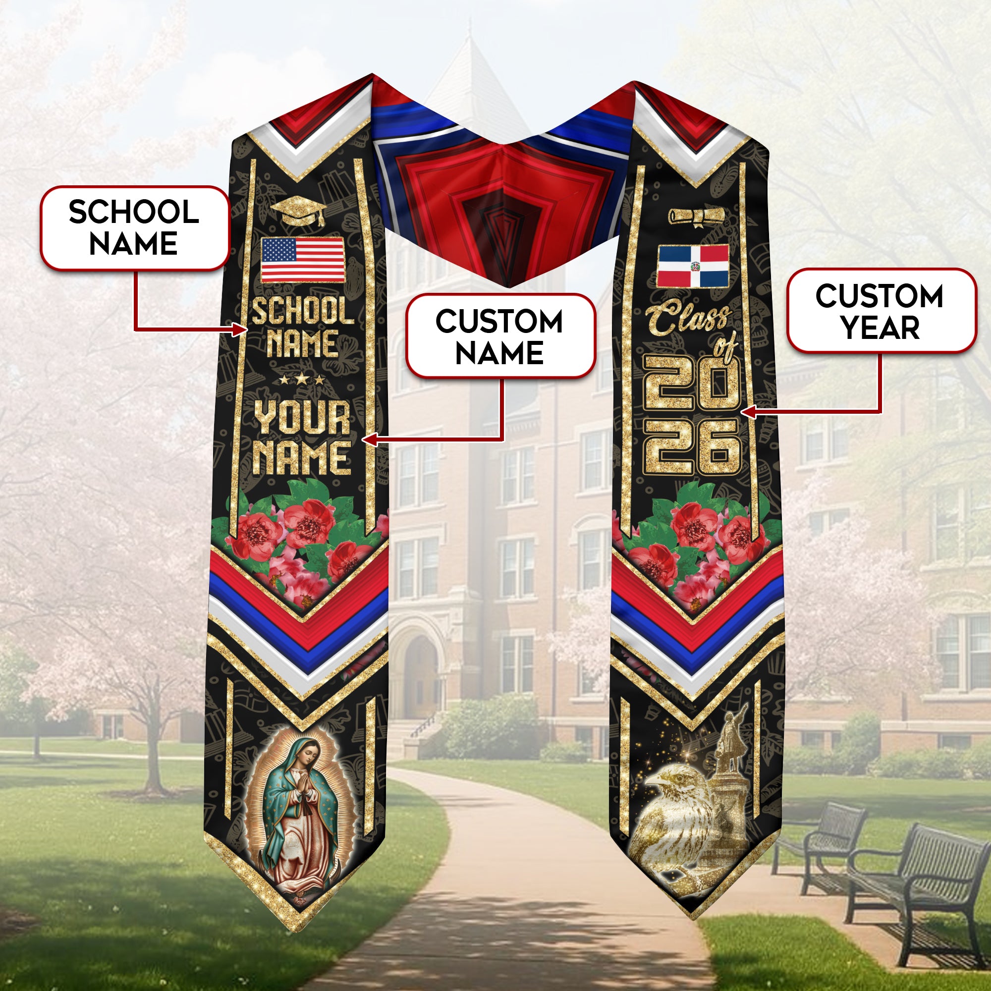 Dominican Graduation Stole 2026, Dominican Flag Sash, Tailored Detail for Class of 2026