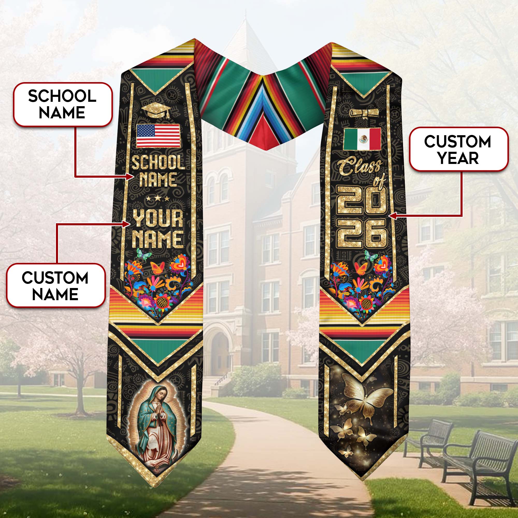 Mexican Graduation Sash 2026, Mexican American Flag Sash, Mexico Graduation Stole