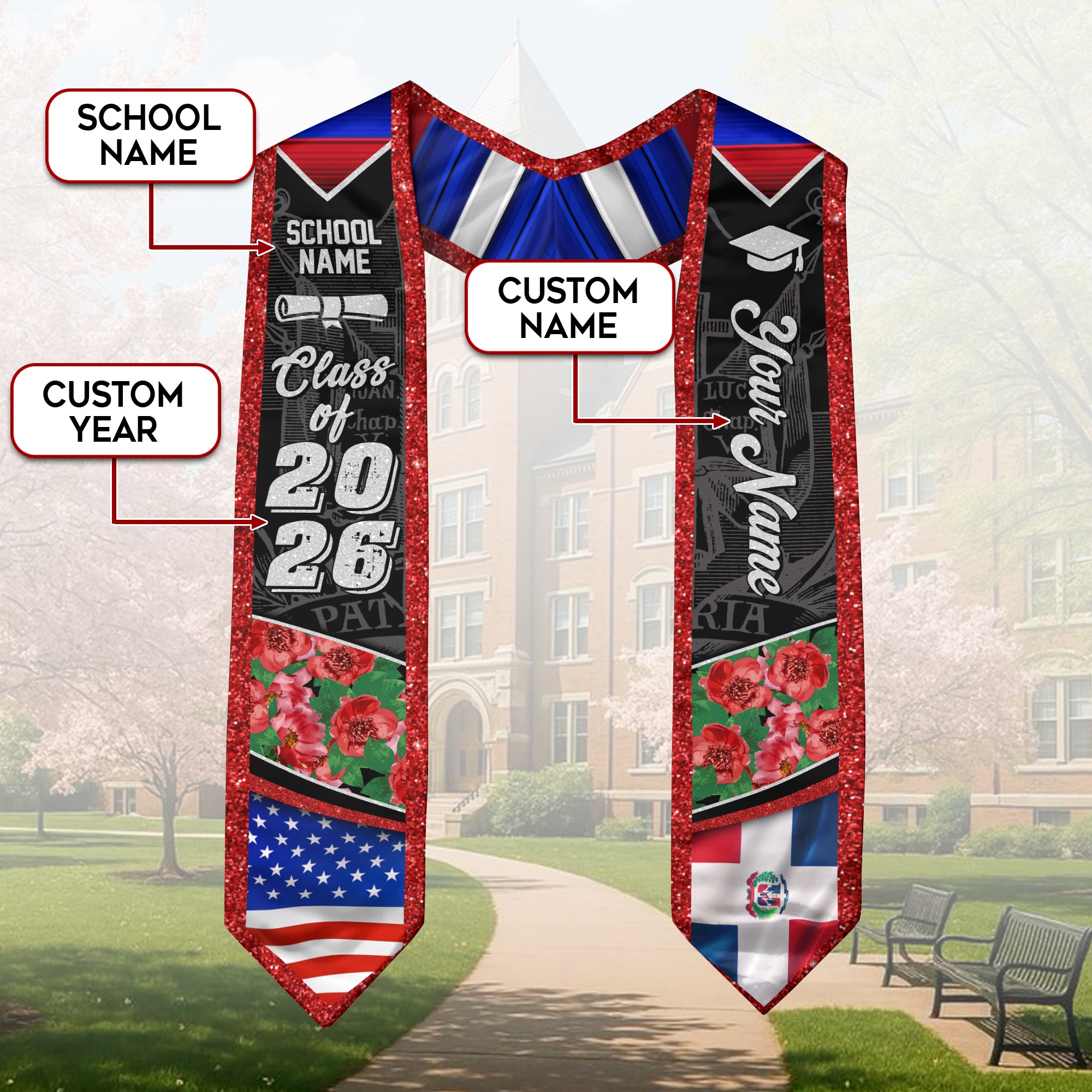 Dominican Flag Graduation Sash 2026, Dominican Stole, Bespoke Touch Grad Accessory