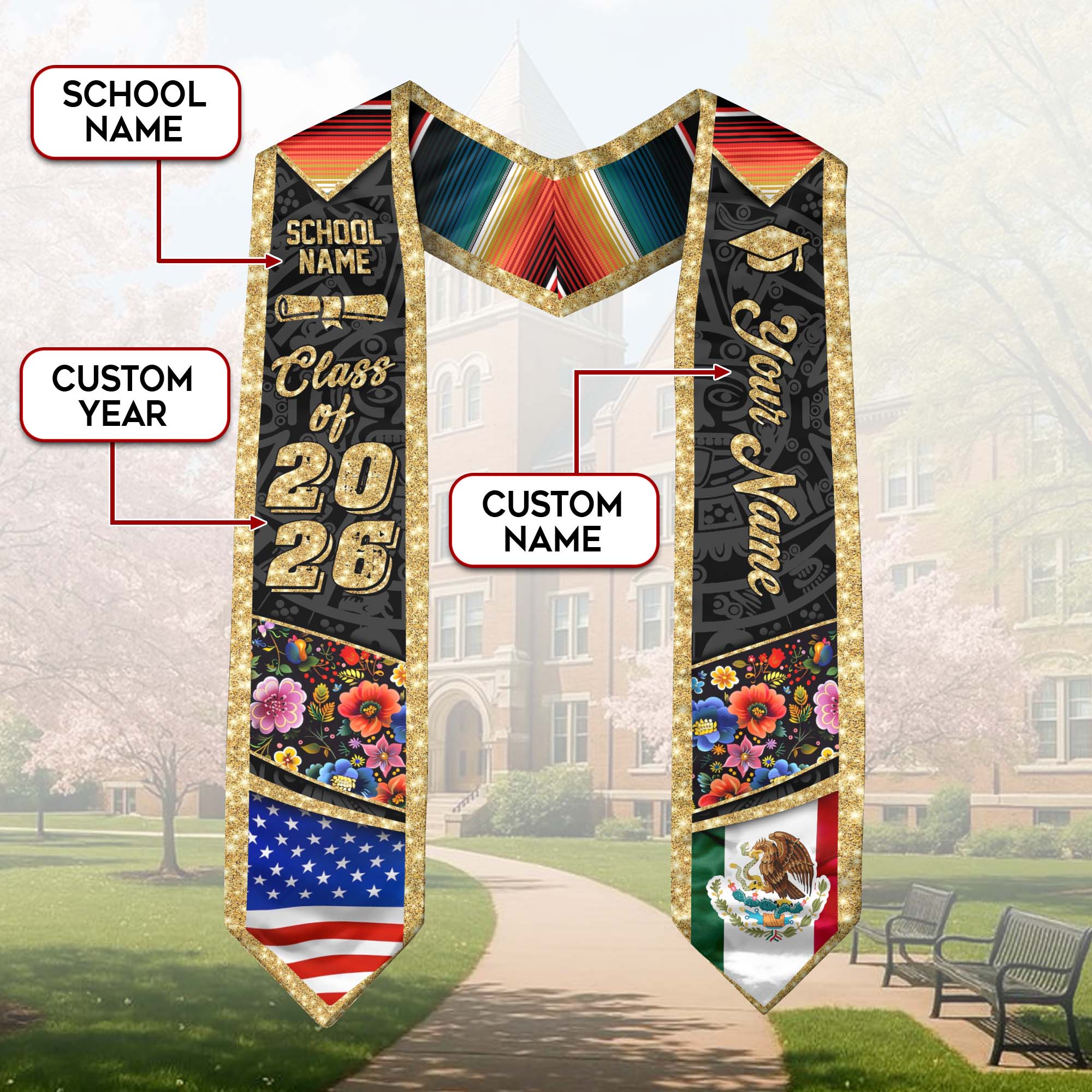 Mexico Graduation Stole 2026, Mexican Stole Sash, Mexican American Flag Graduation Sash
