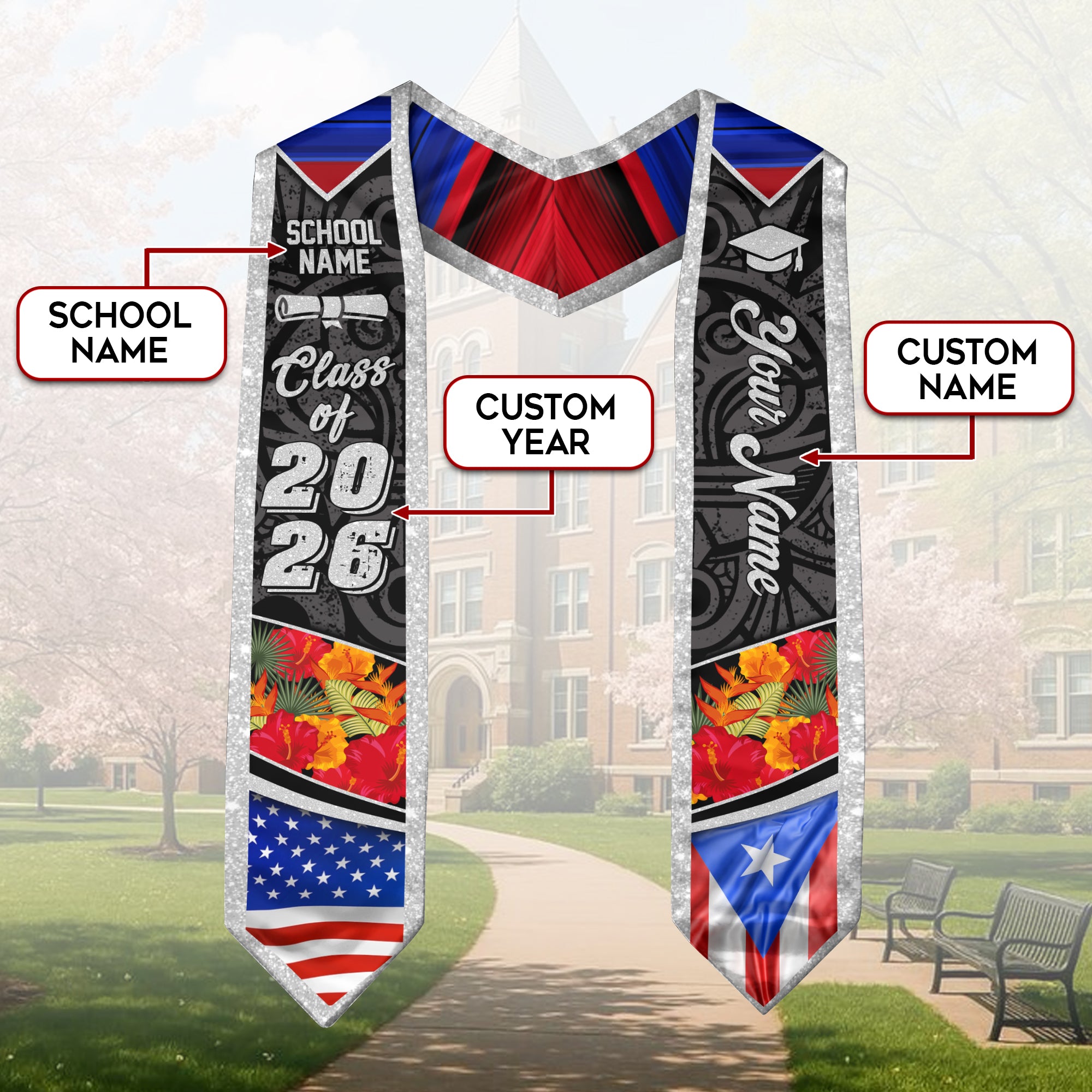 Puerto Rican Flag Graduation Sash 2026, Puerto Rico Stole, Bespoke Touch Accessory