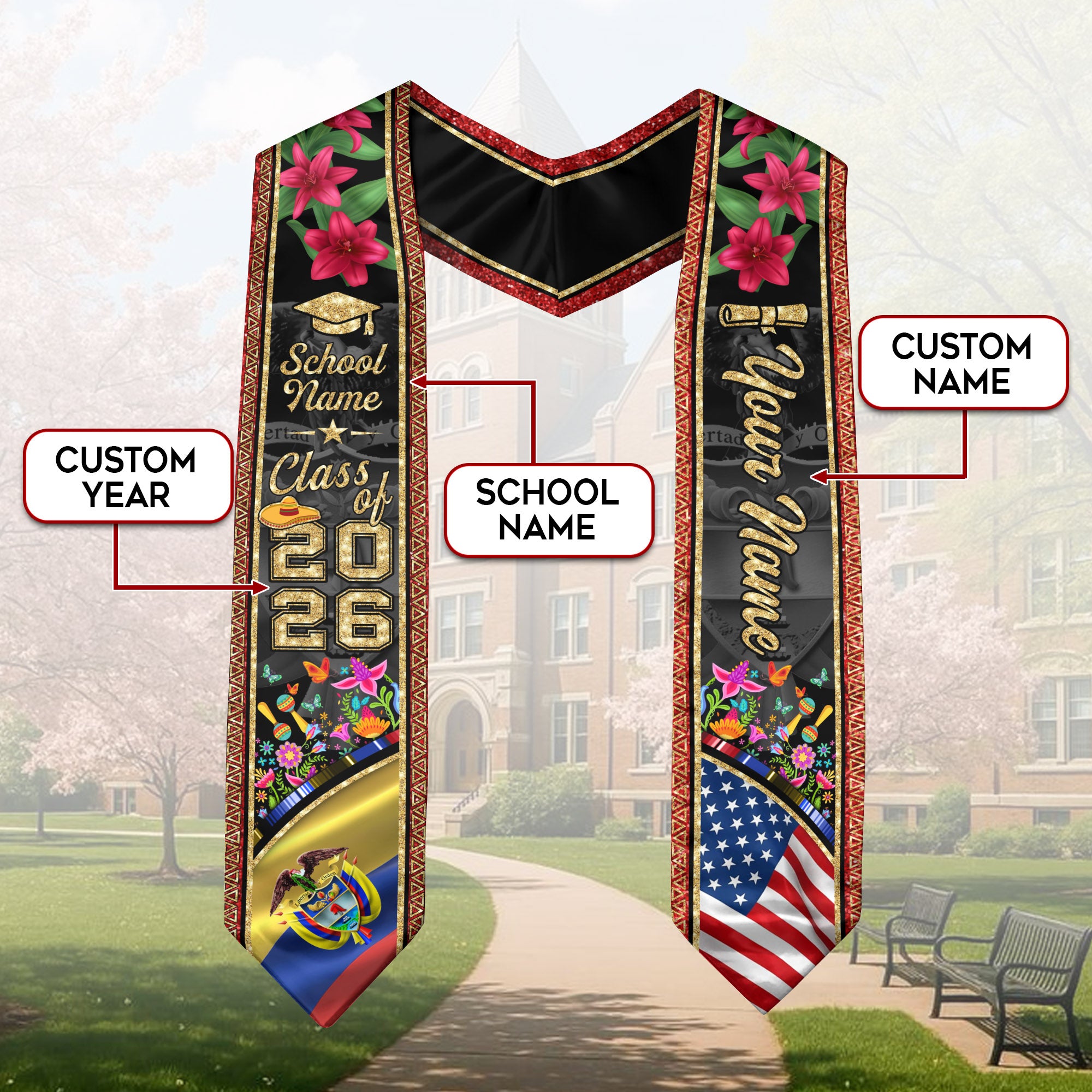 Colombia Graduation Sash 2026, Colombian Flag Stole, Signature Finish for Graduates