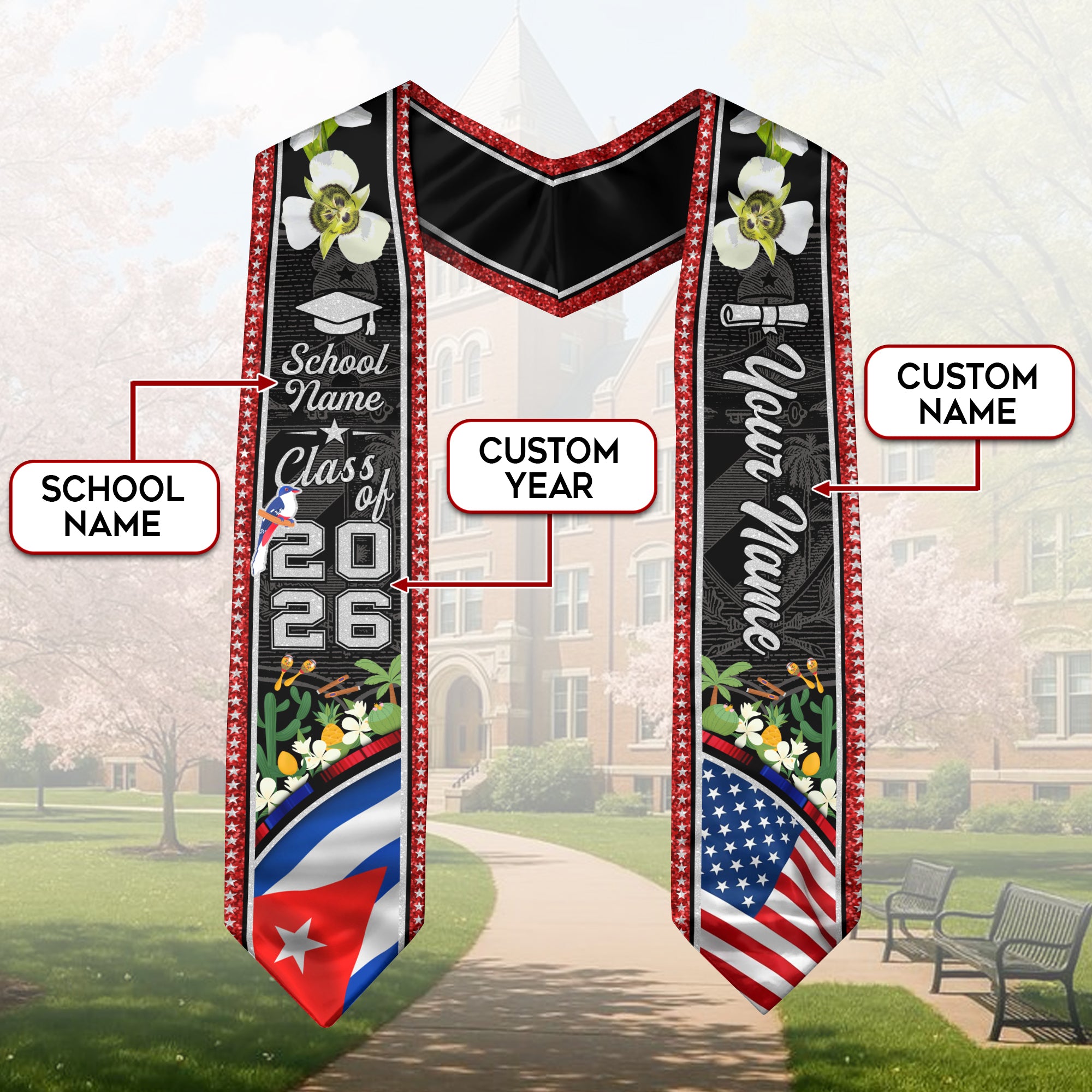 Cuban Graduation Stole 2026, Cuba Flag Sash, Personalized Touch for Class of 2026