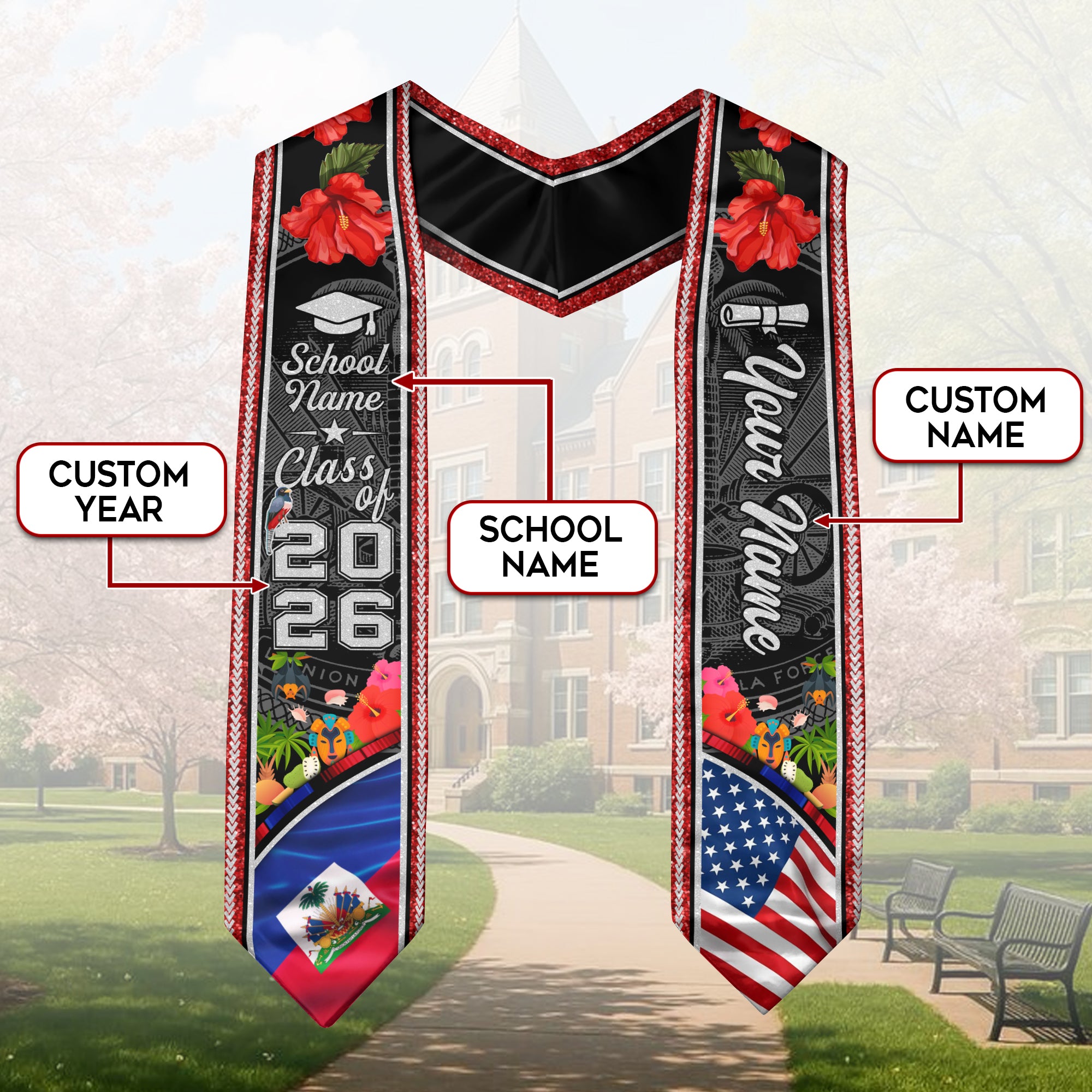 Haiti Flag Graduation Stole 2026, Haitian Grad Sash, Signature Detail for Class of 2026