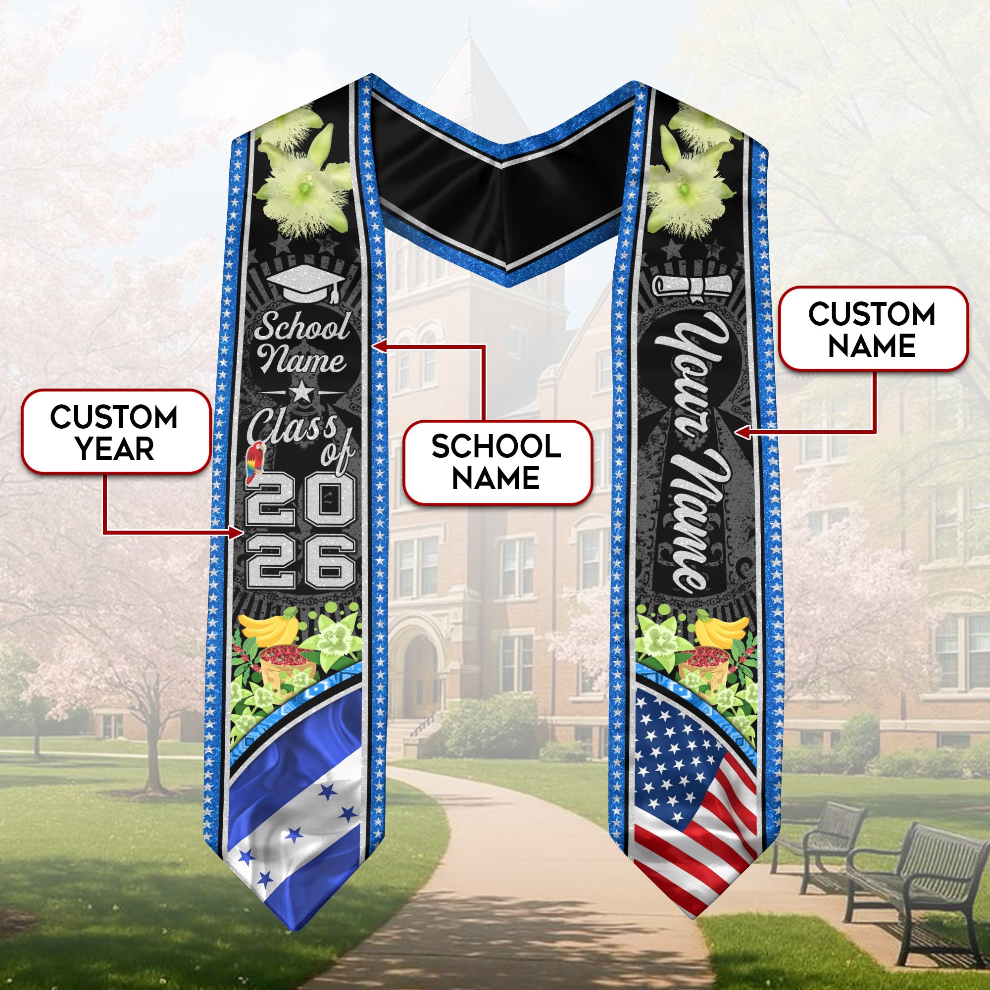 Honduras Graduation Sash 2026, Honduran Flag Stole, Signature Finish for Graduates