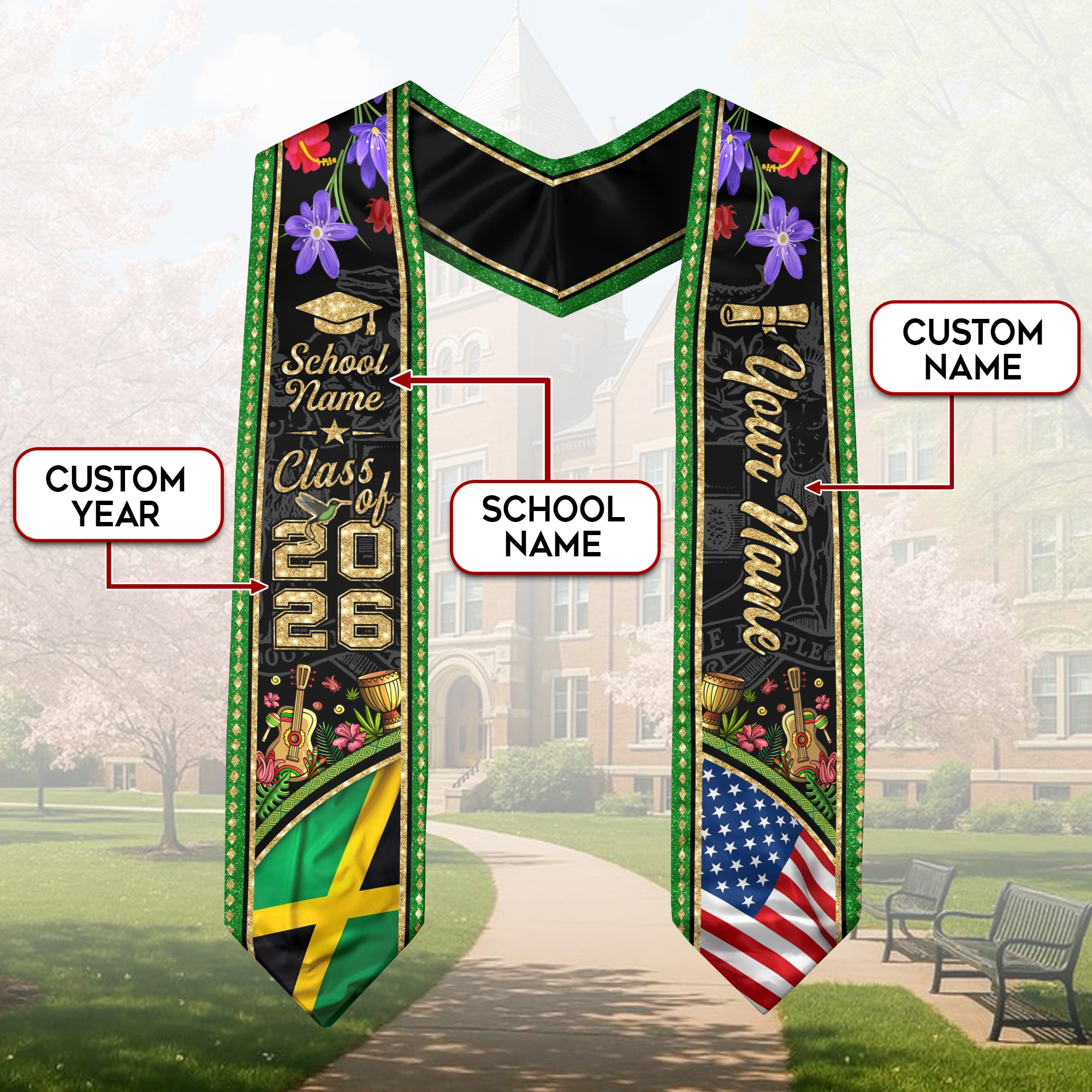 Jamaica Graduation Sash 2026, Jamaican Flag Stole, Signature Finish for Graduates