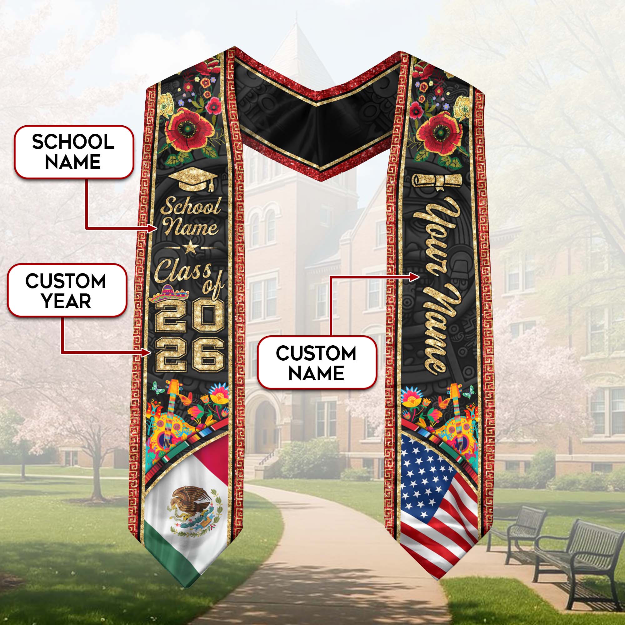 Mexican American Flag Graduation Sash 2026, Mexican Stole, Mexico Graduation Stole, Mexican Stole