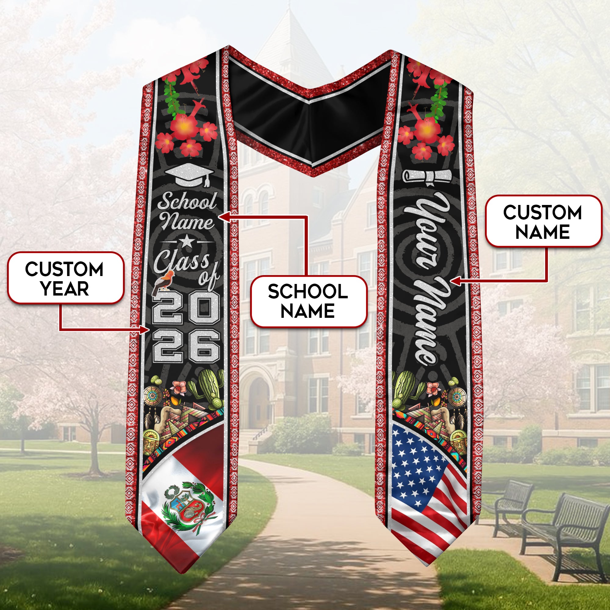 Peru Graduation Sash 2026, Peruvian Flag Stole, Signature Finish for 2026 Graduates