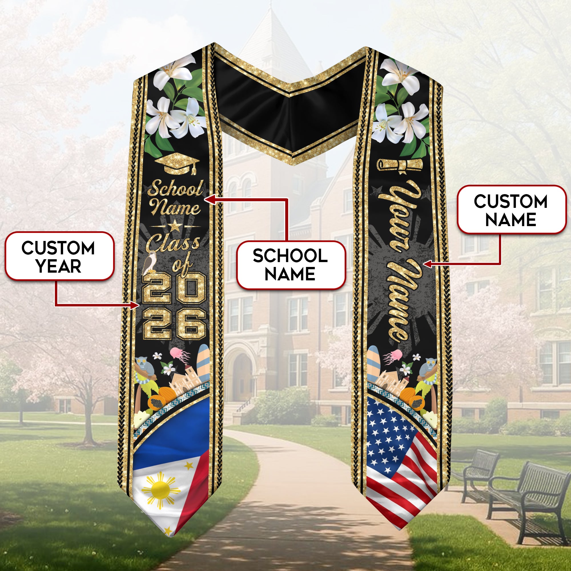 Philippines Flag Graduation Stole 2026, Filipino Grad Sash, Custom-Ready Graduation Style