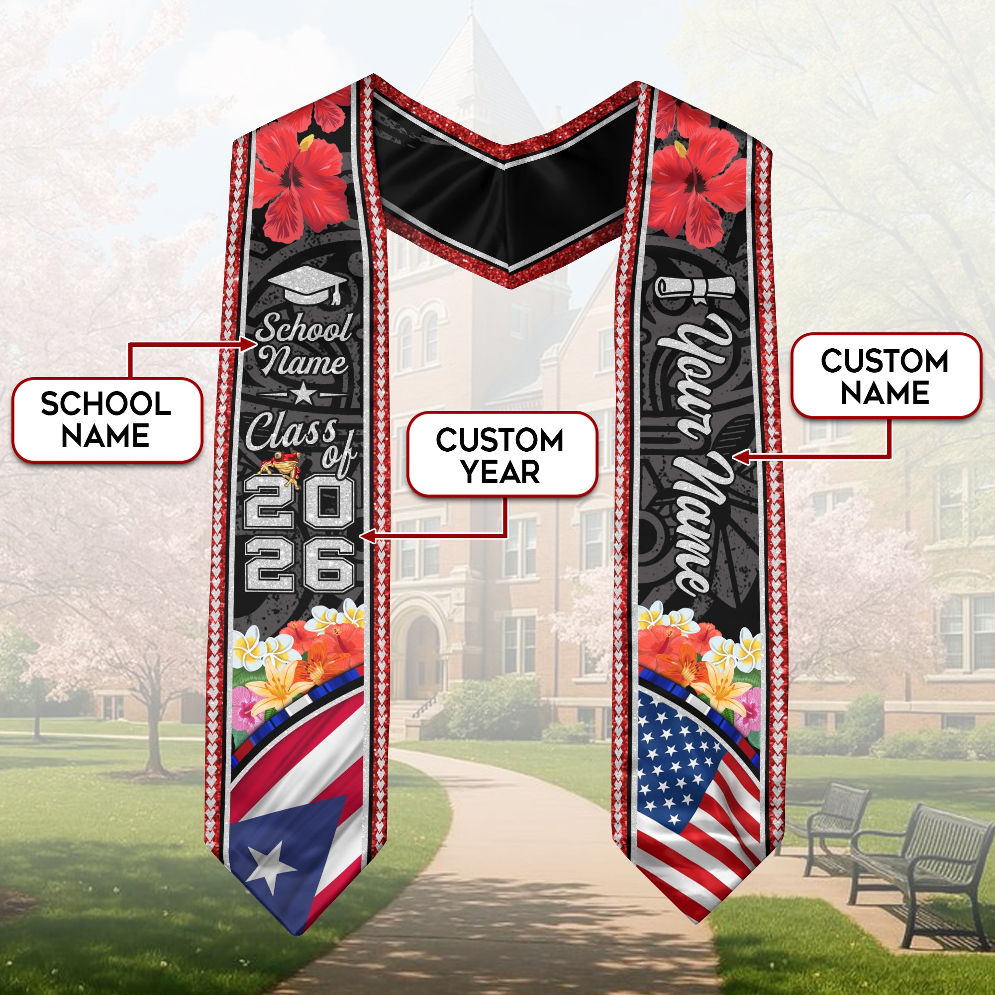 Class of 2026 Puerto Rico Graduation Sash, Puerto Rican Flag Stole, Custom-Ready Style