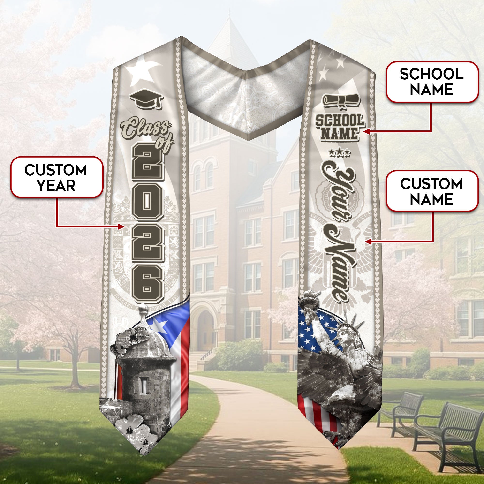 Puerto Rico Flag Graduation Stole 2026, Puerto Rican Sash, Signature Custom Finish
