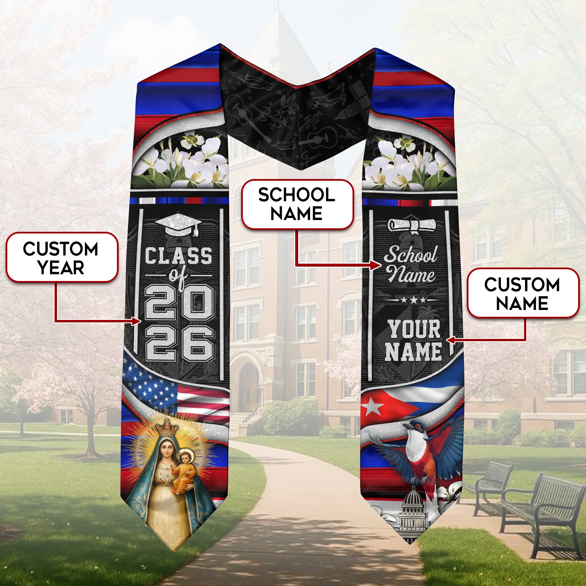 Cuban Flag Graduation Sash 2026, Cuba Graduation Stole, Tailored Finish for Grads