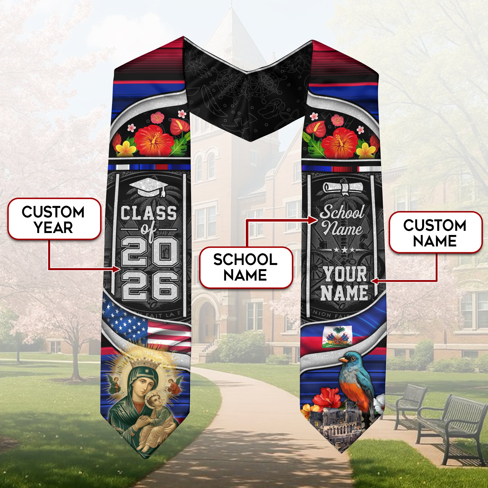 Class of 2026 Haiti Graduation Sash, Haitian Flag Stole, Bespoke Finish Graduation Stole