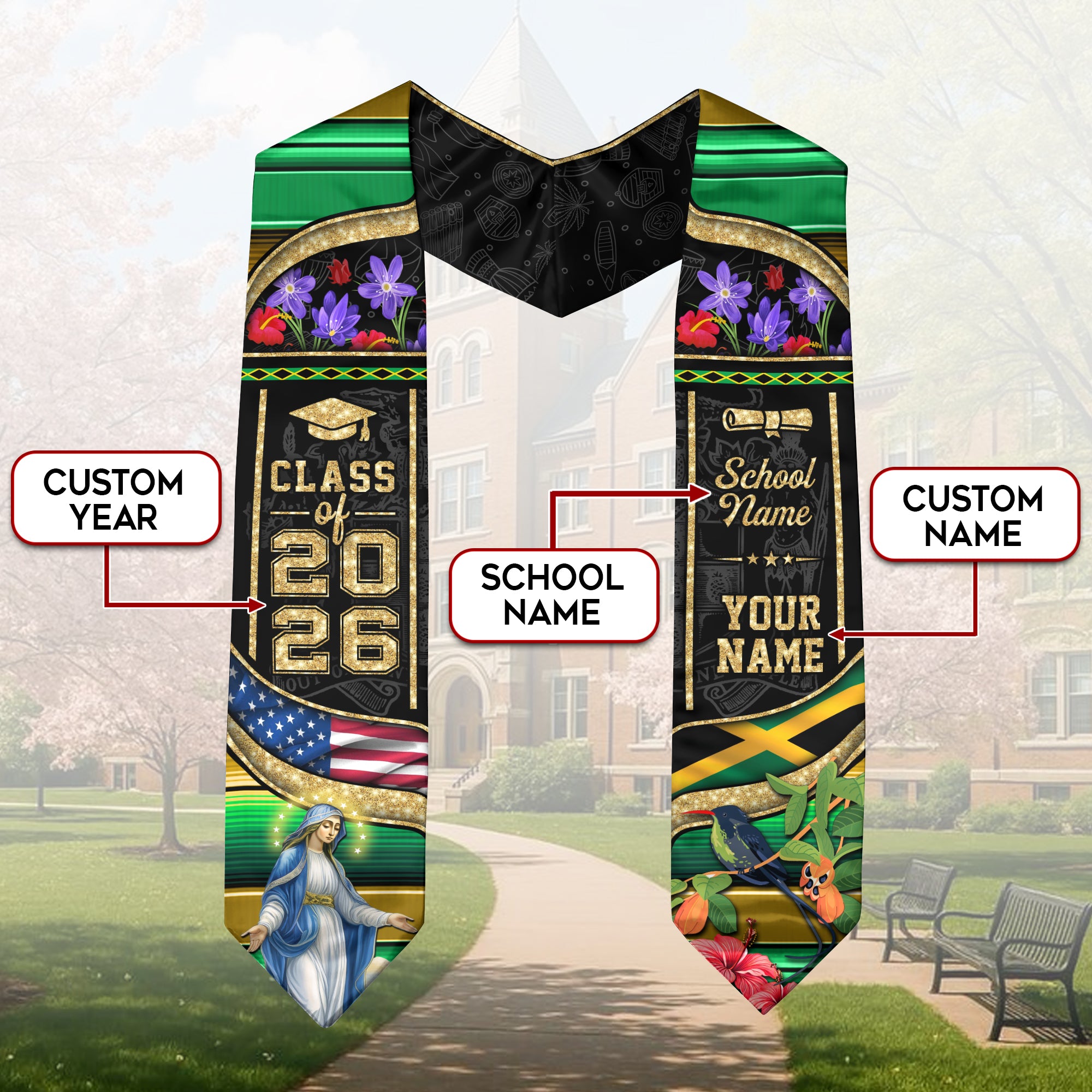 Class of 2026 Jamaica Graduation Stole, Jamaican Flag Sash Stole, Bespoke Touch 2026