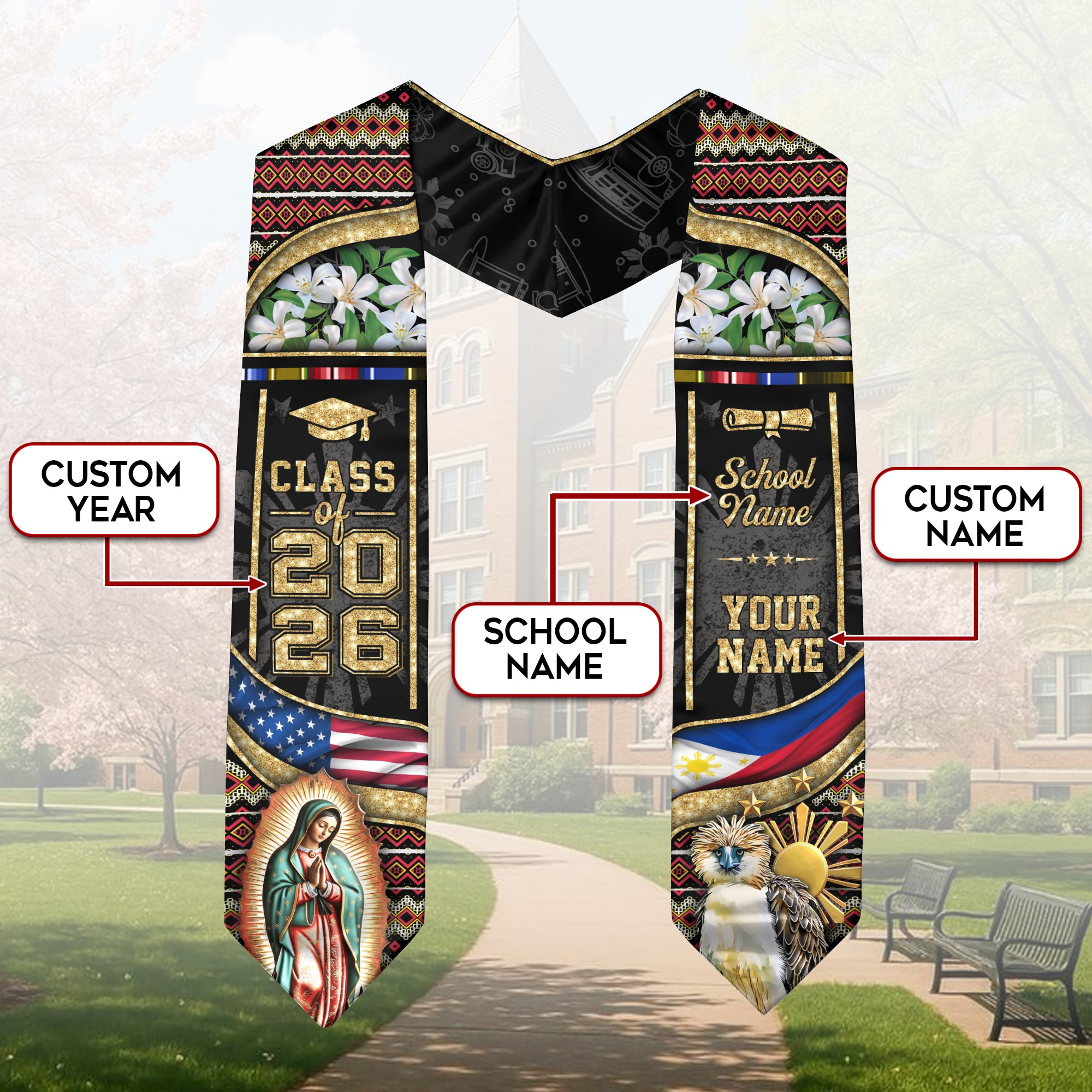 Filipino Graduation Sash 2026, Philippines Flag Graduation Stole, Tailored Detail for Grads