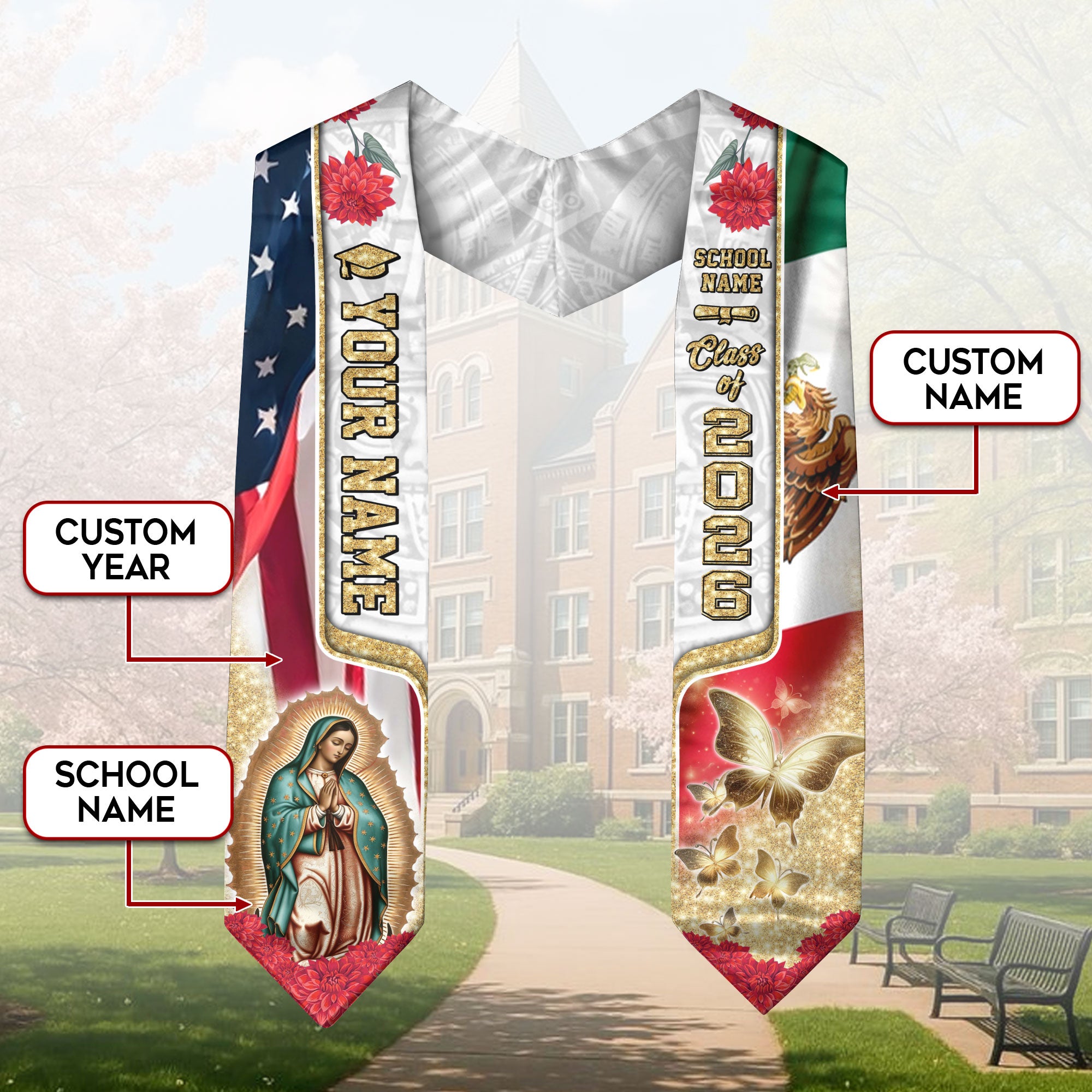 Mexican Grad Sash 2026, Mexican American Flag Sash, Mexican Stole, Mexico Graduation Stole