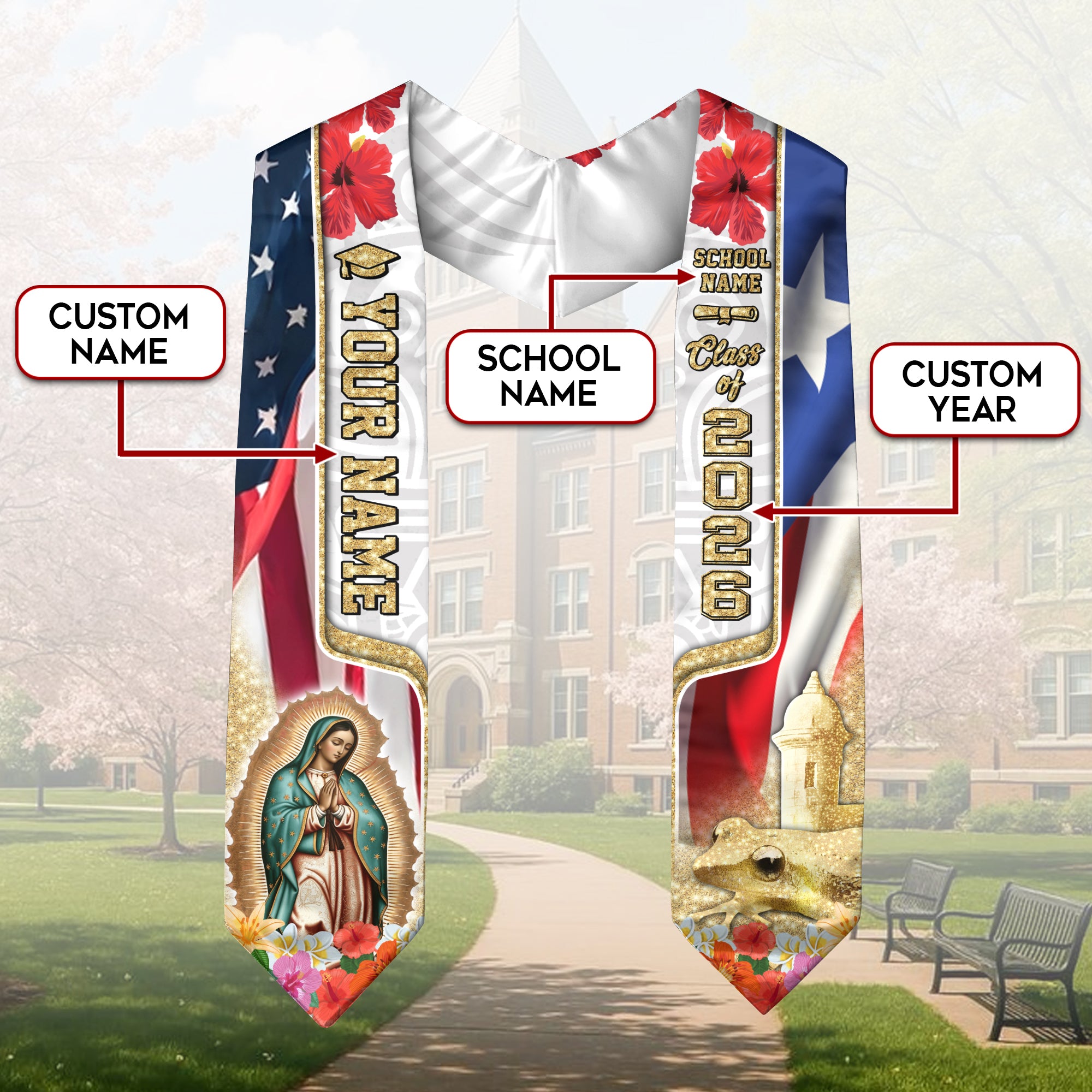 Puerto Rico Graduation Sash 2026, Puerto Rican Flag Stole, Tailor-Made Detail for Grads