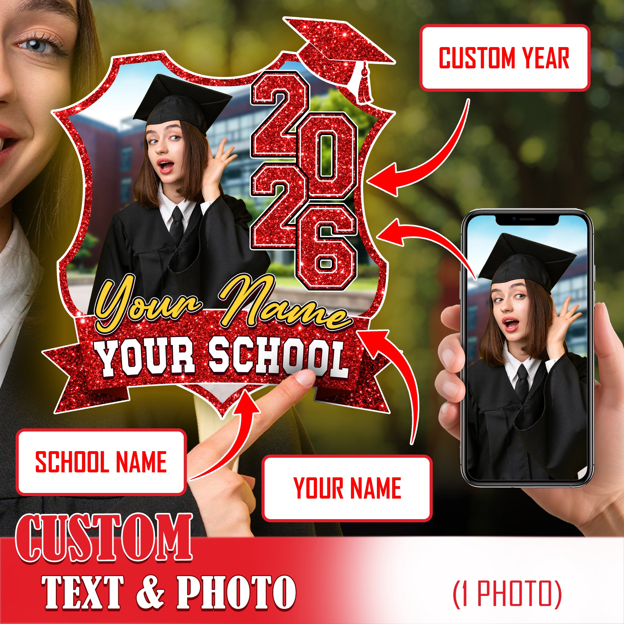 Custom Graduation Face Fan 2026 With Photo Glitter Floral Pattern Big Head On Stick Custom