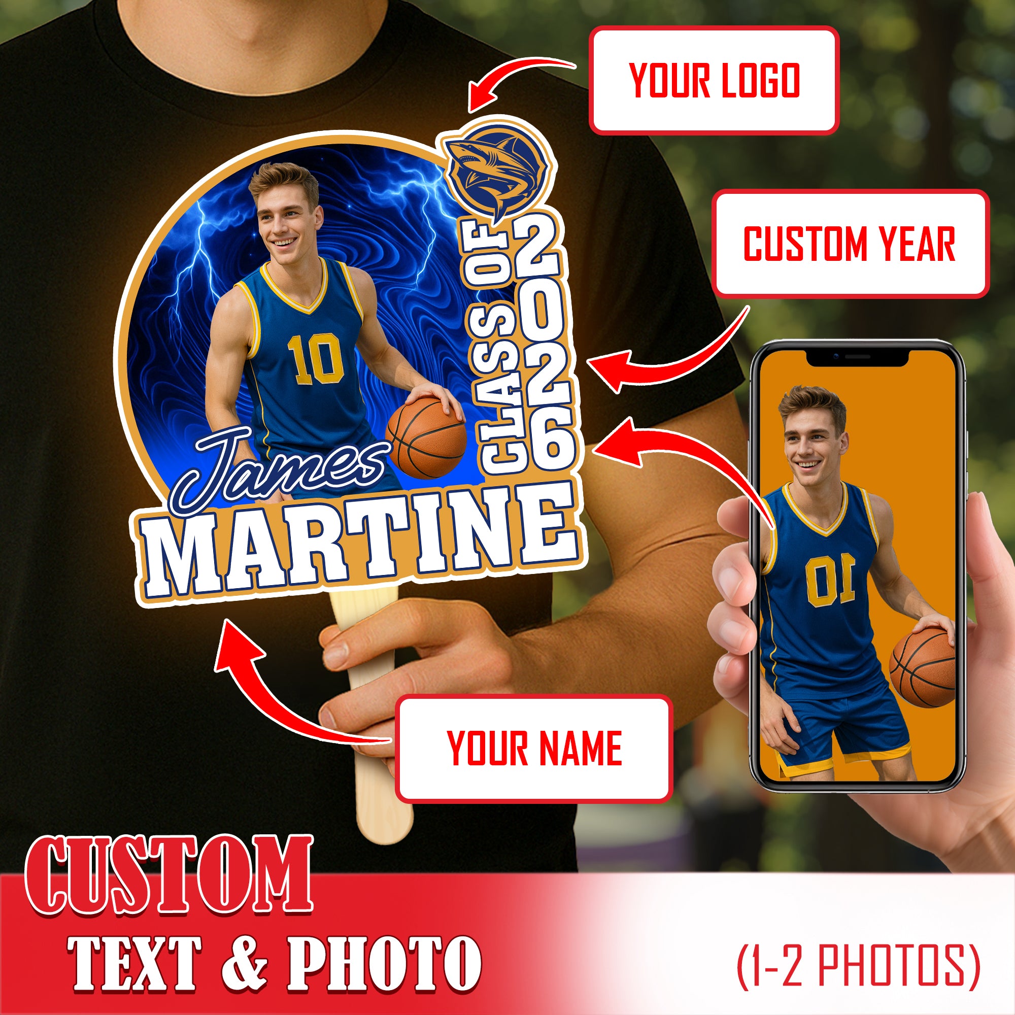 Custom Graduation Face Fan 2026 Photo Sport Swirl Big Head On Stick Personalized