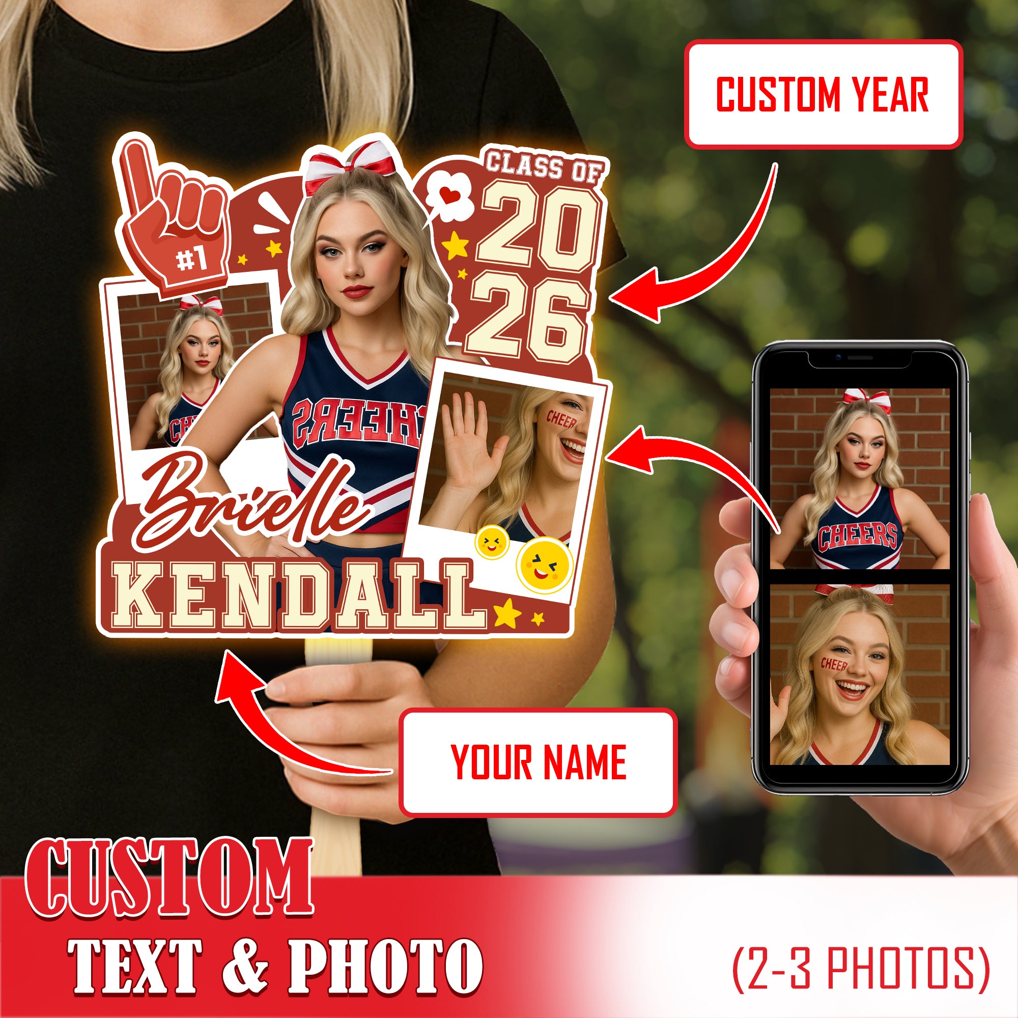 Custom Graduation Face Fan 2026 Photo Cheer Star Pattern Big Head On Stick Personalized
