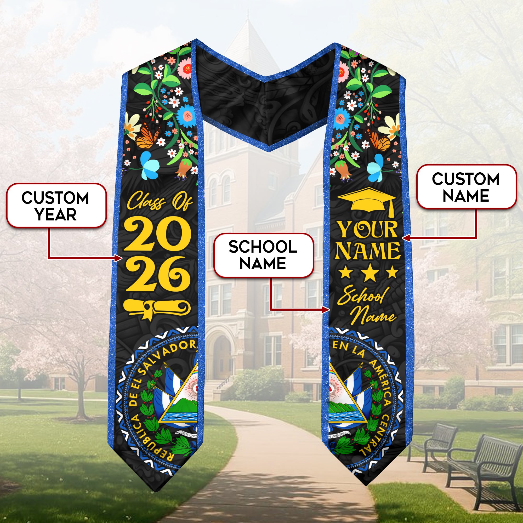El Salvador Graduation Stole 2026, Salvadoran Flag Sash, Personal Detail Option for Grads