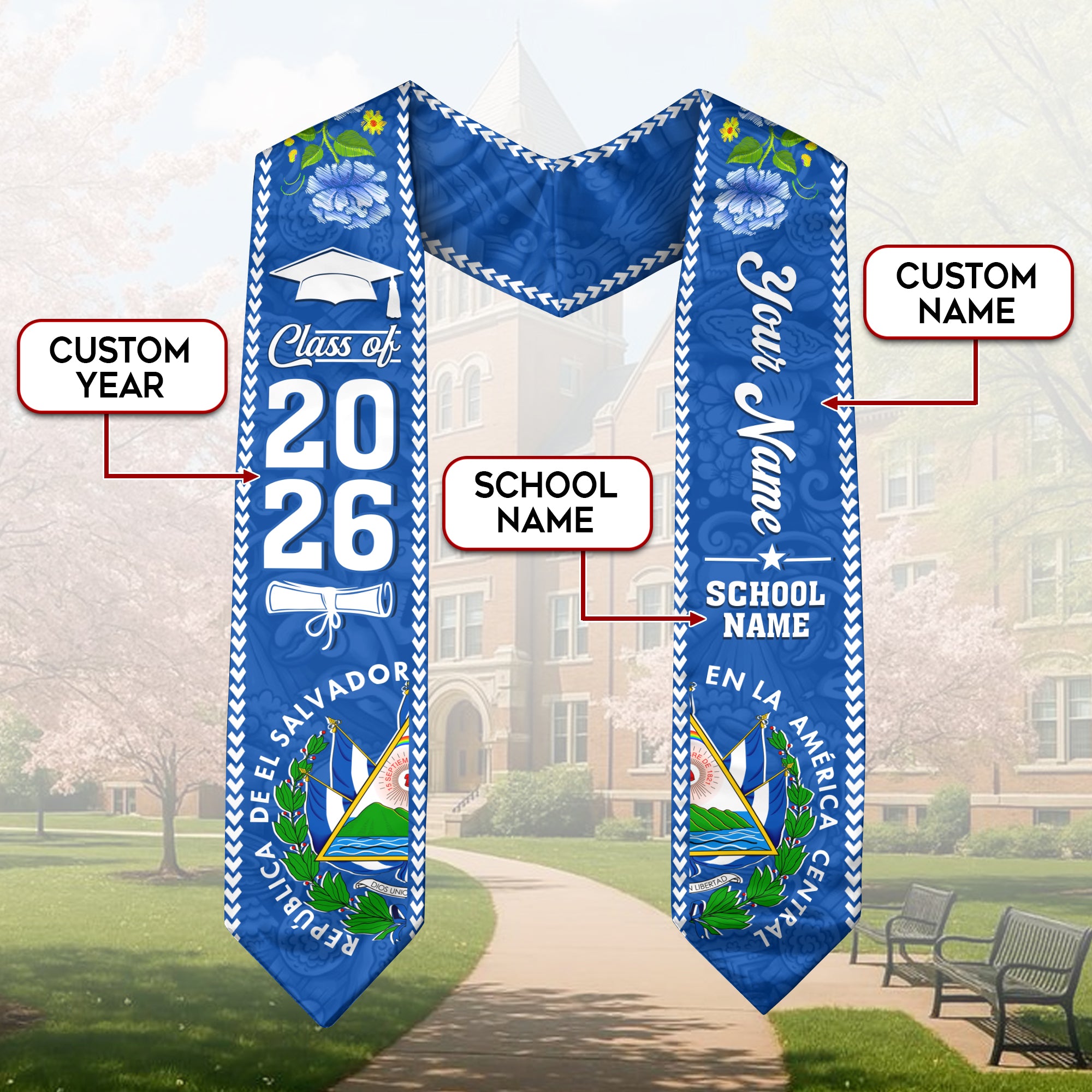 2026 Salvadoran Flag Graduation Sash, El Salvador Stole, Personalized Finish for Graduates
