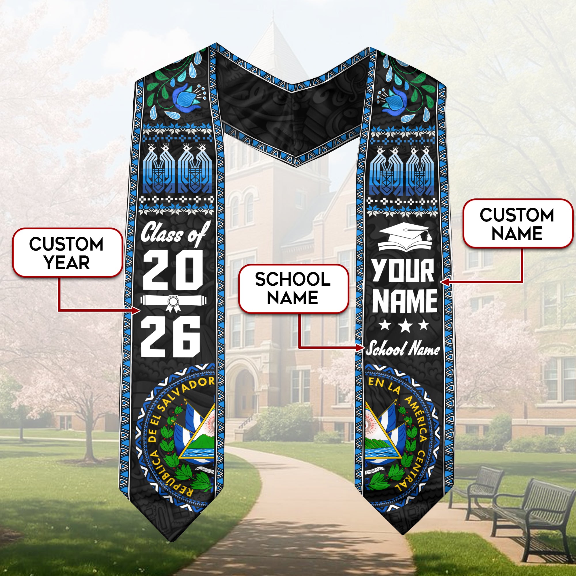 El Salvador Flag Graduation Stole 2026, Salvadoran Sash, Add Your Name Detail Option