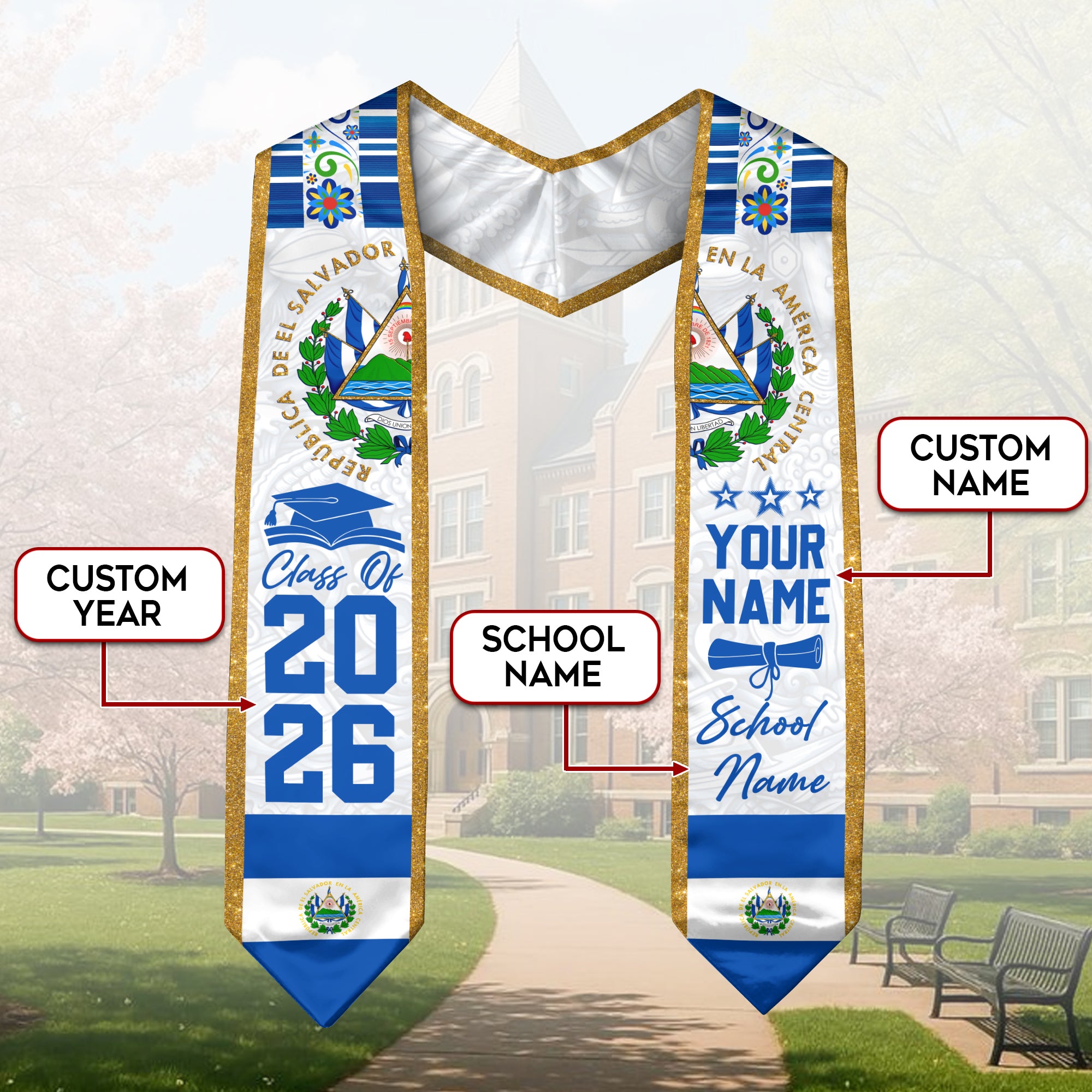2026 El Salvador Graduation Sash, Salvadoran Flag Stole, Custom Detail Style for Grads