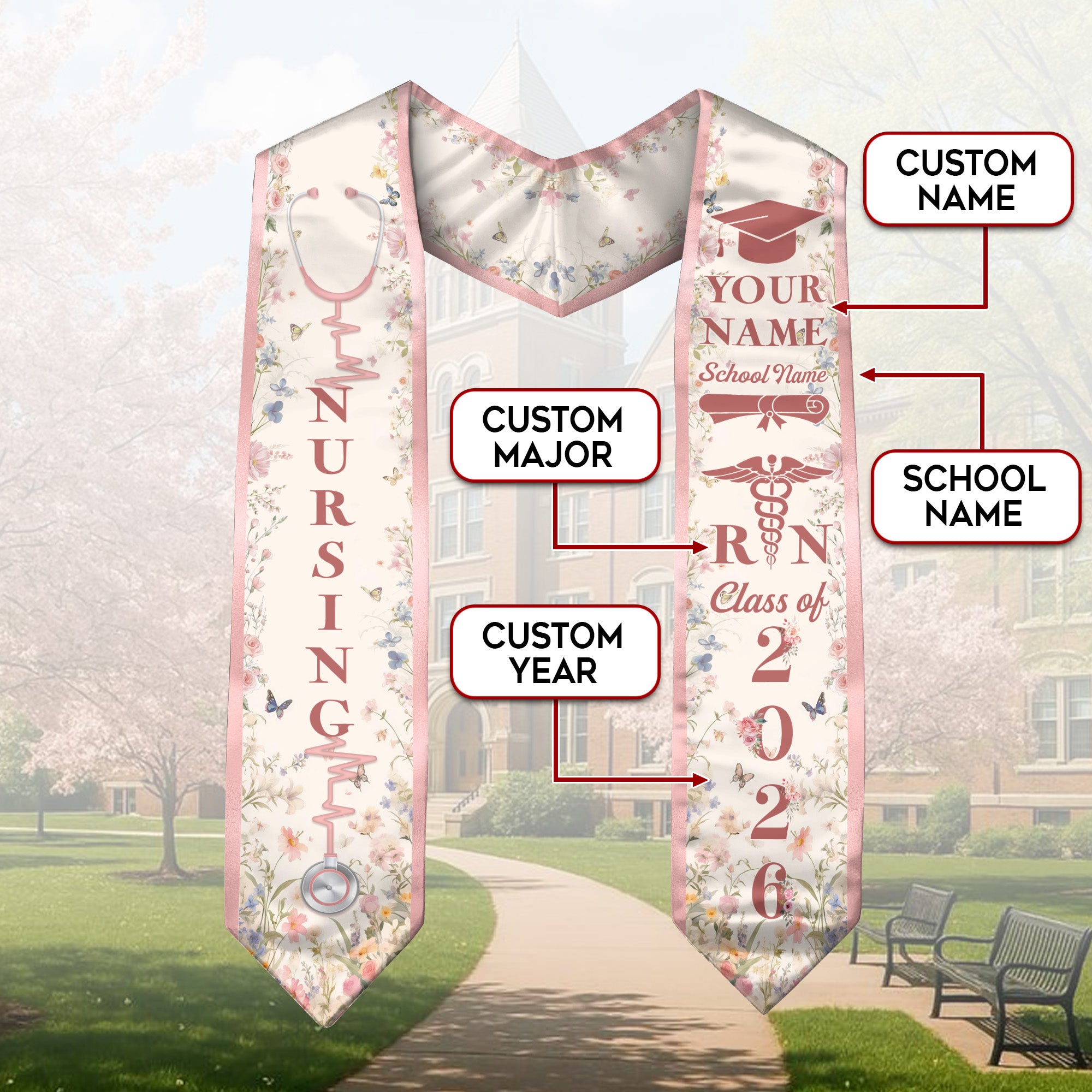 Customized Nursing Graduation Stole with RN Theme, BSN Nurse Commencement Sash for Class of 2026