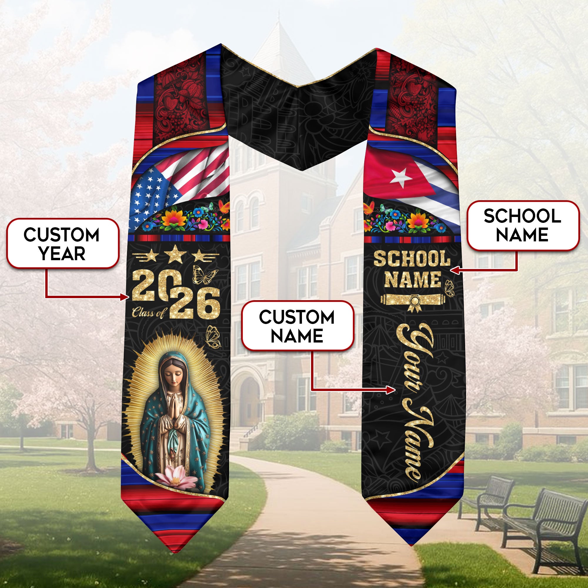 Customized Cuba Graduation Stole with Patriotic Flag Accents, Graduation Sash for Class of 2026