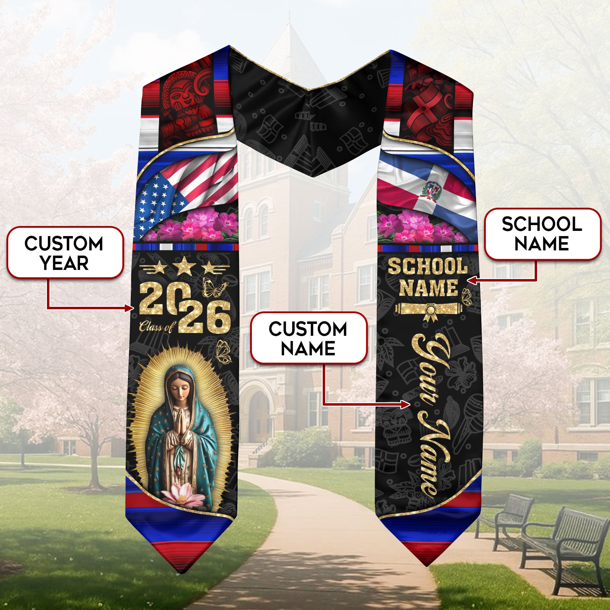 Customized Dominican Graduation Stole Highlighting Flag Colors, Graduation Sash Class of 2026