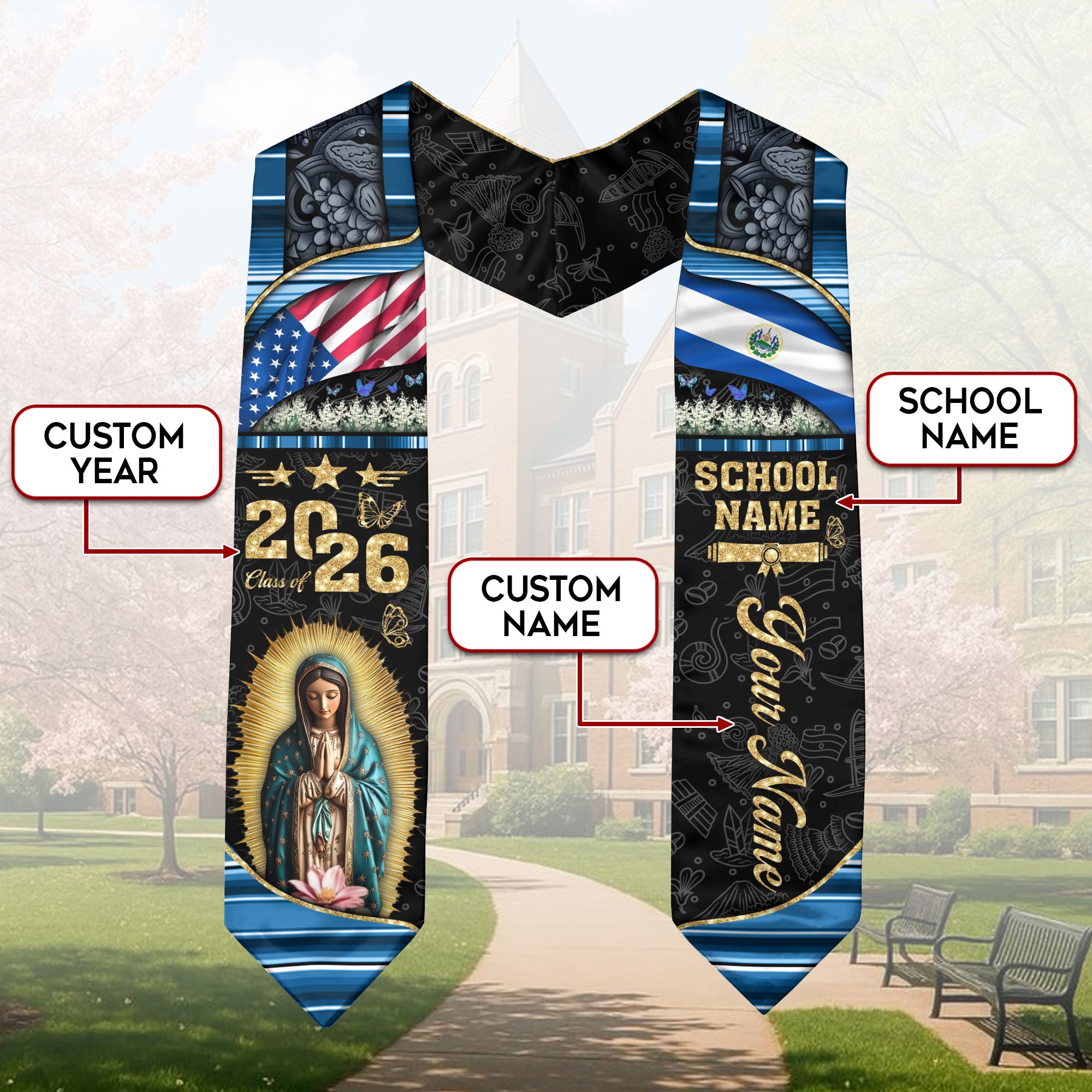 Customized El Salvador Graduation Stole with National Pride Flag Design, Graduation Sash 2026