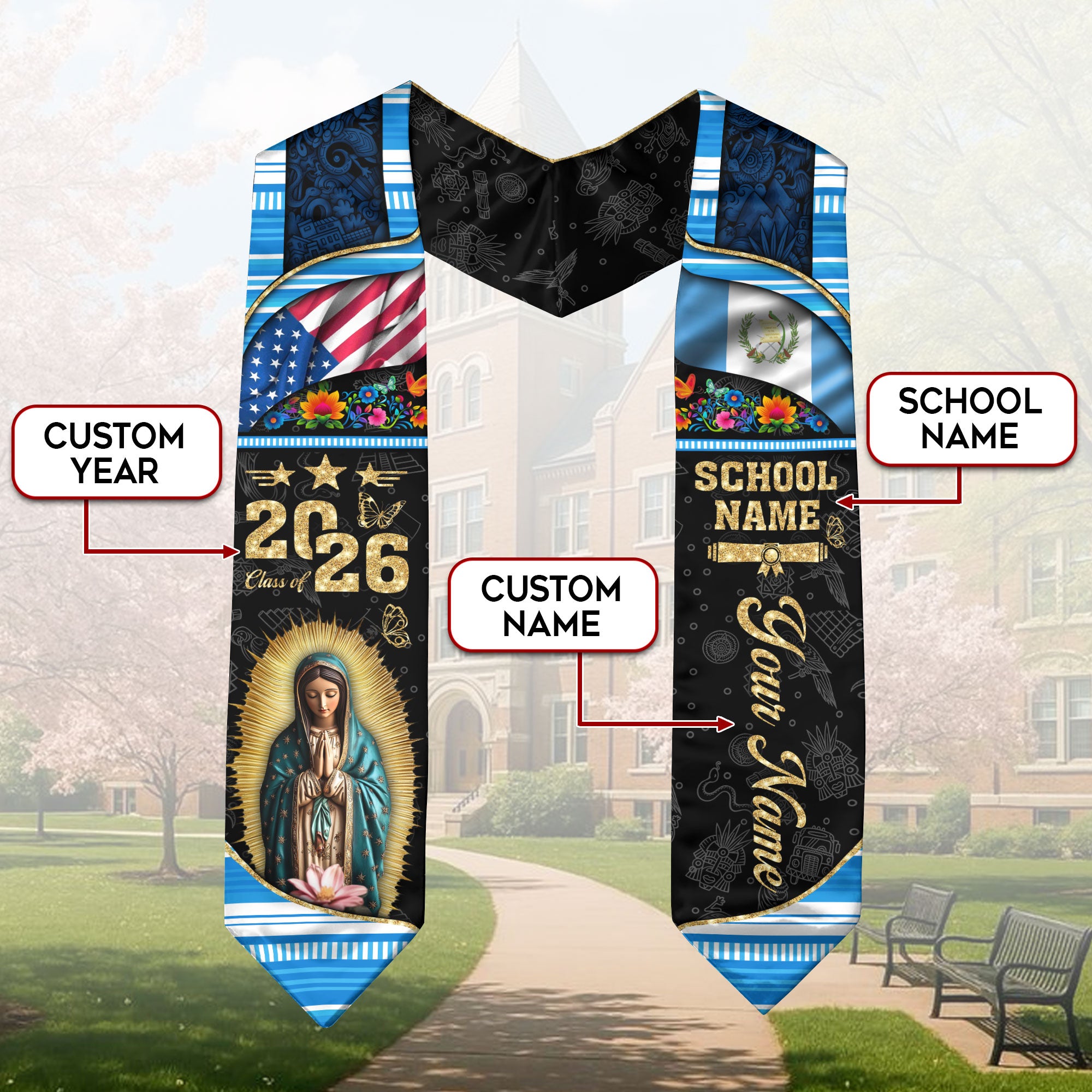 Customized Guatemala Graduation Stole with Heritage Flag Theme, Graduation Sash for Class of 2026