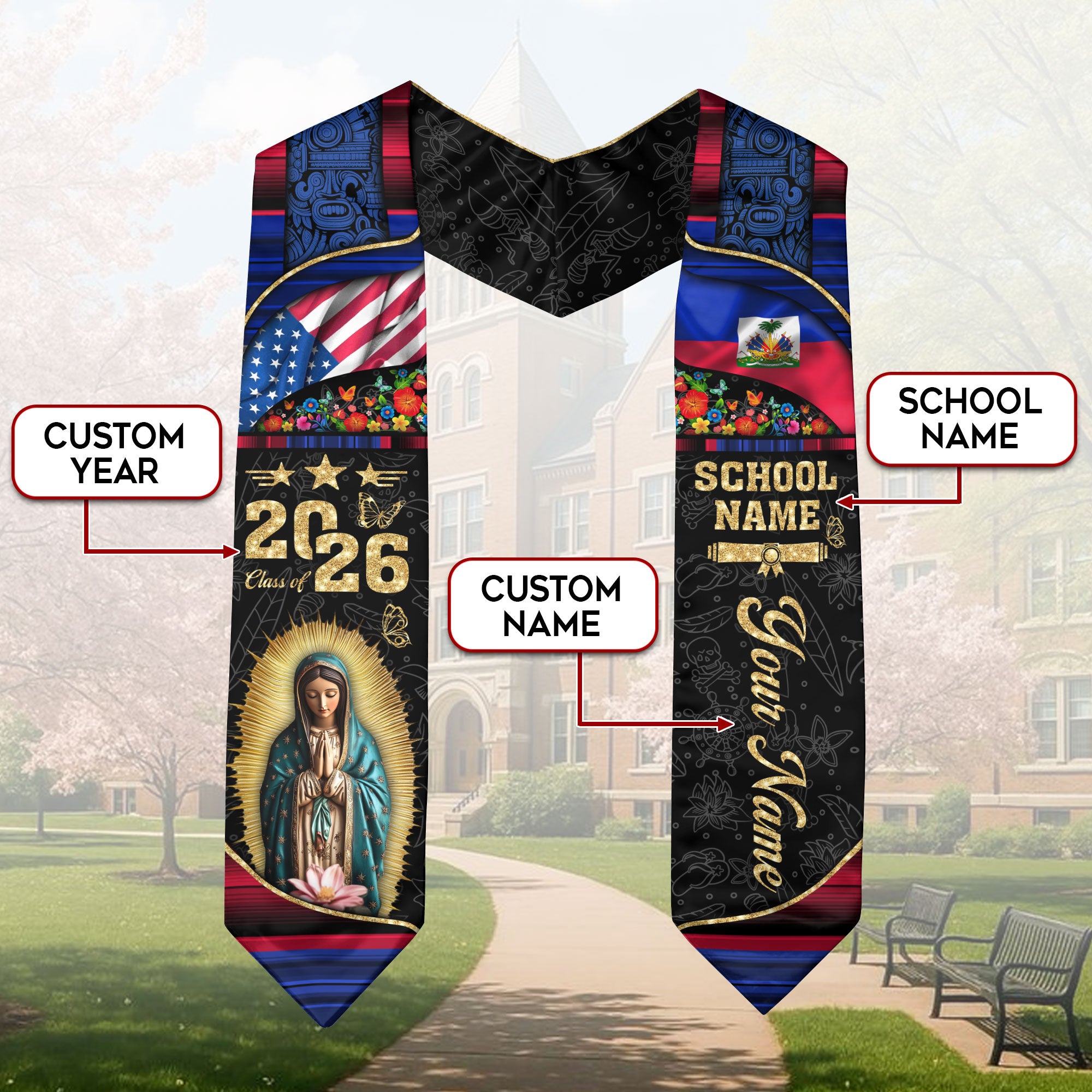Customized Haiti Graduation Stole Featuring National Flag Pattern, Graduation Sash Class of 2026