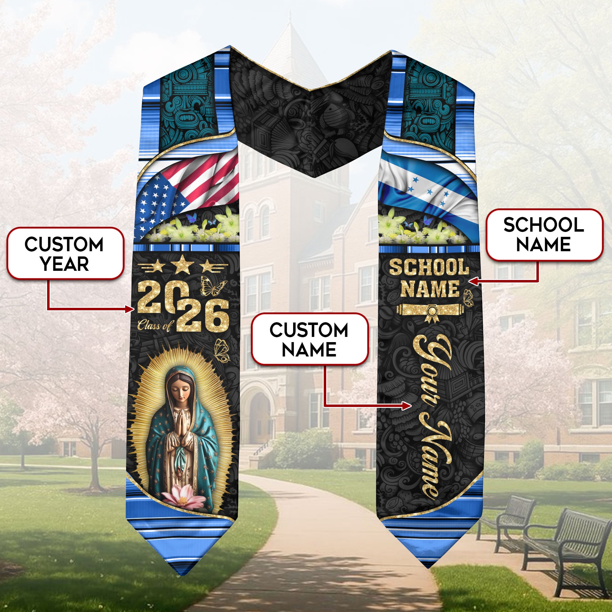 Customized Honduras Graduation Stole with Traditional Flag Motif, Graduation Sash for Class of 2026