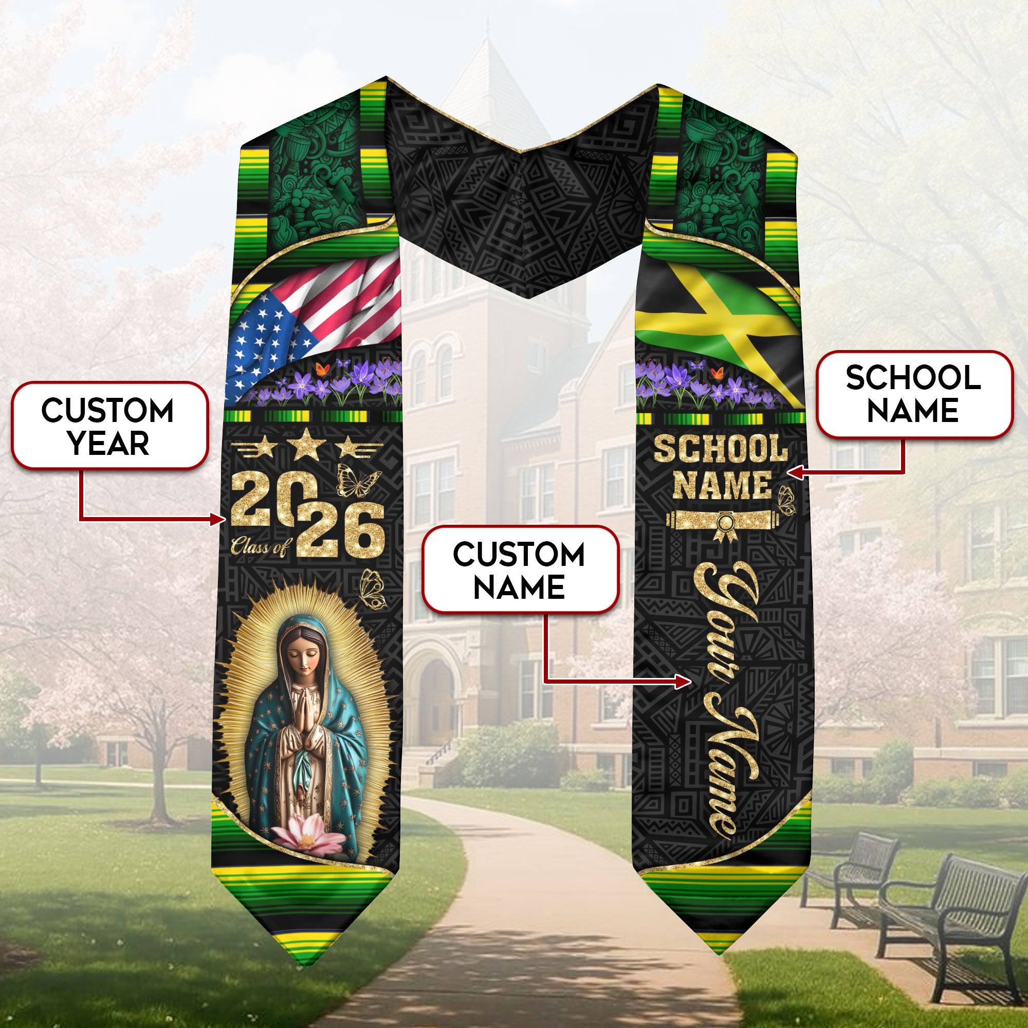 Customized Jamaica Graduation Stole Featuring Bold Flag Details, Graduation Sash Class of 2026