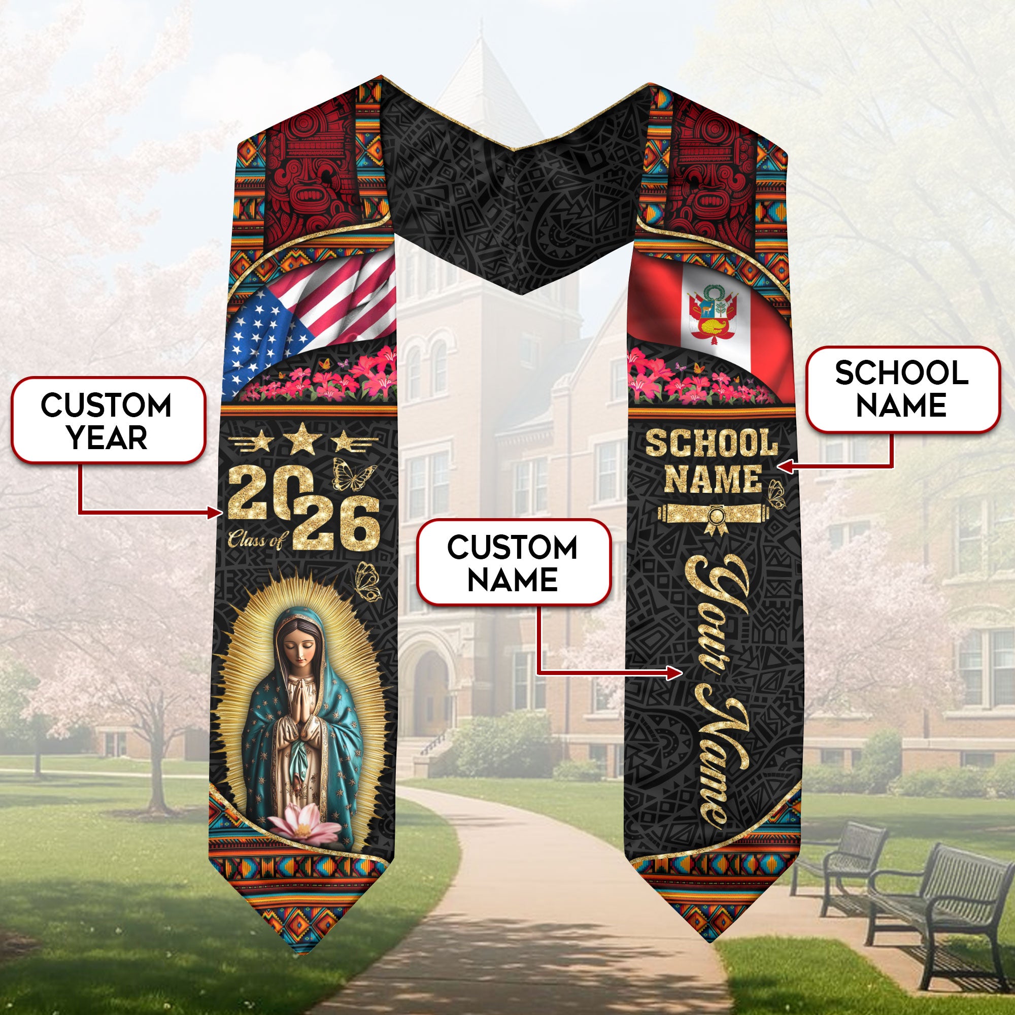 Customized Peru Graduation Stole with National Flag Inspired Pattern, Graduation Sash for 2026