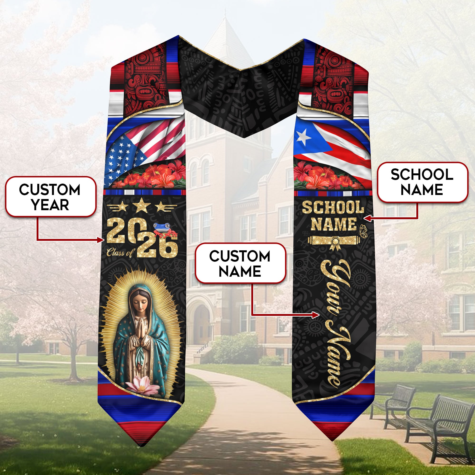 Customized Puerto Rico Graduation Stole with Patriotic Flag Motif, Graduation Sash Class of 2026