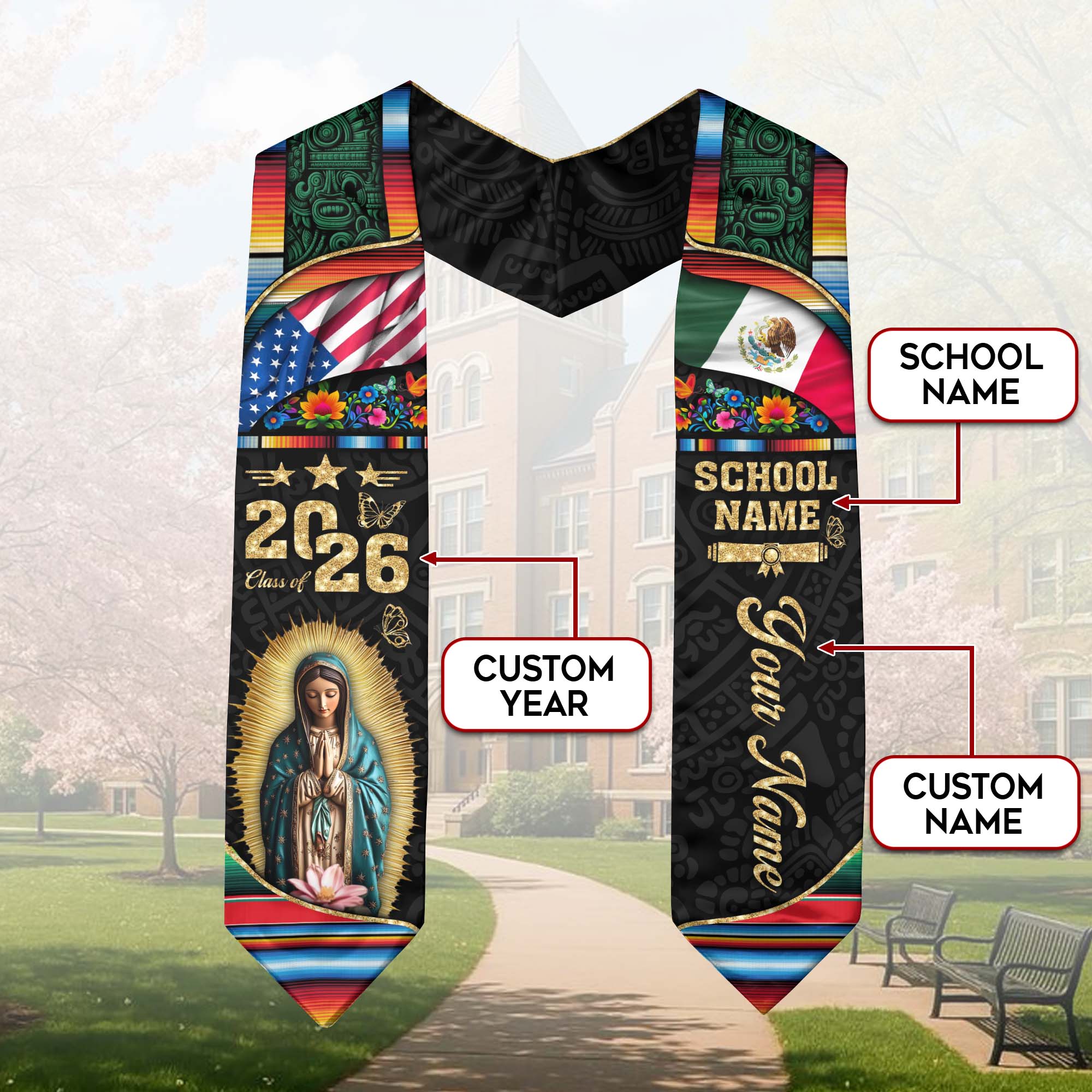 Mexico Graduation Sash 2026, Mexican Stole for Seniors, Mexican American Flag Grad Sash