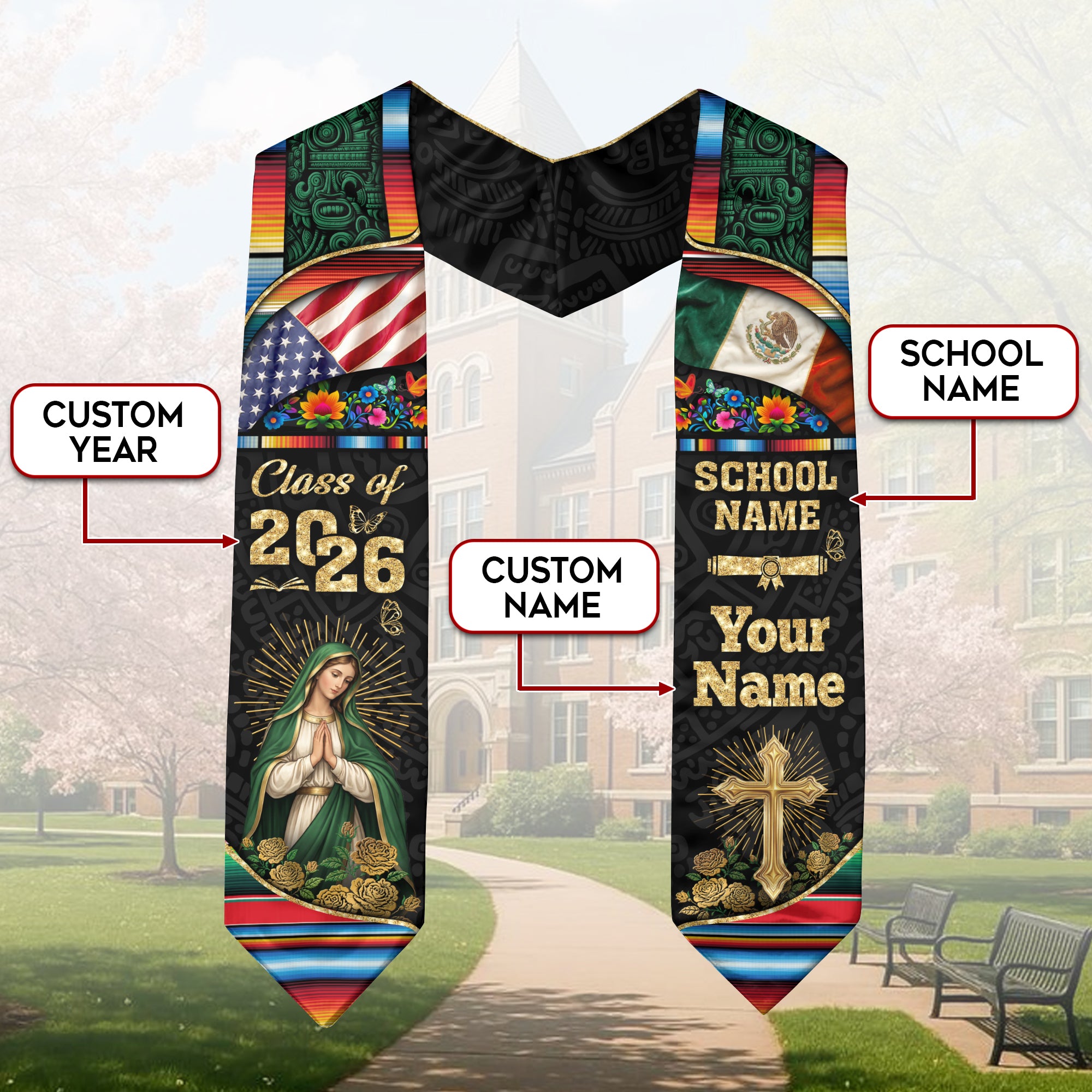 Mexico Graduation Sash 2026, Mexican Stole for Seniors, Mexican American Flag Grad Sash