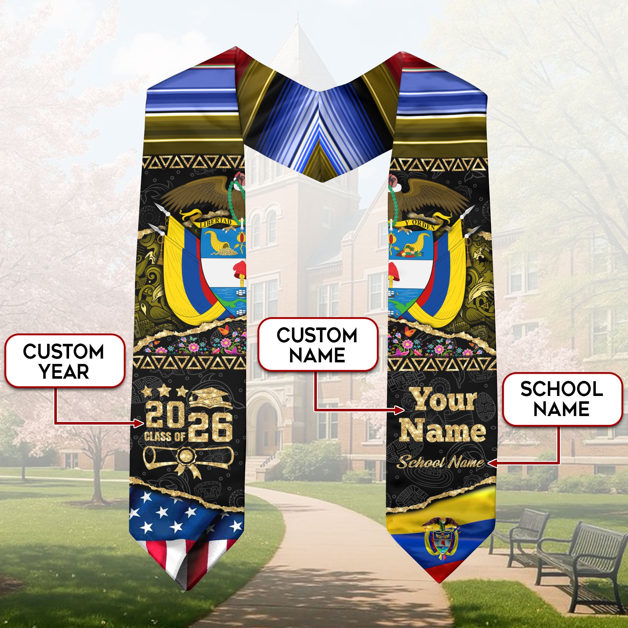 Customized Colombia Graduation Stole with Colombian Flag Theme, Graduation Sash for Class of 2026