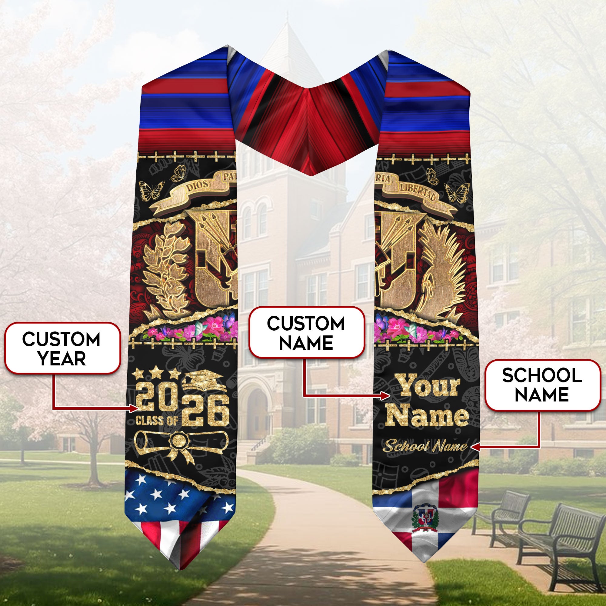 Customized Dominican Graduation Stole with Flag Inspired Design, Graduation Sash for Class of 2026