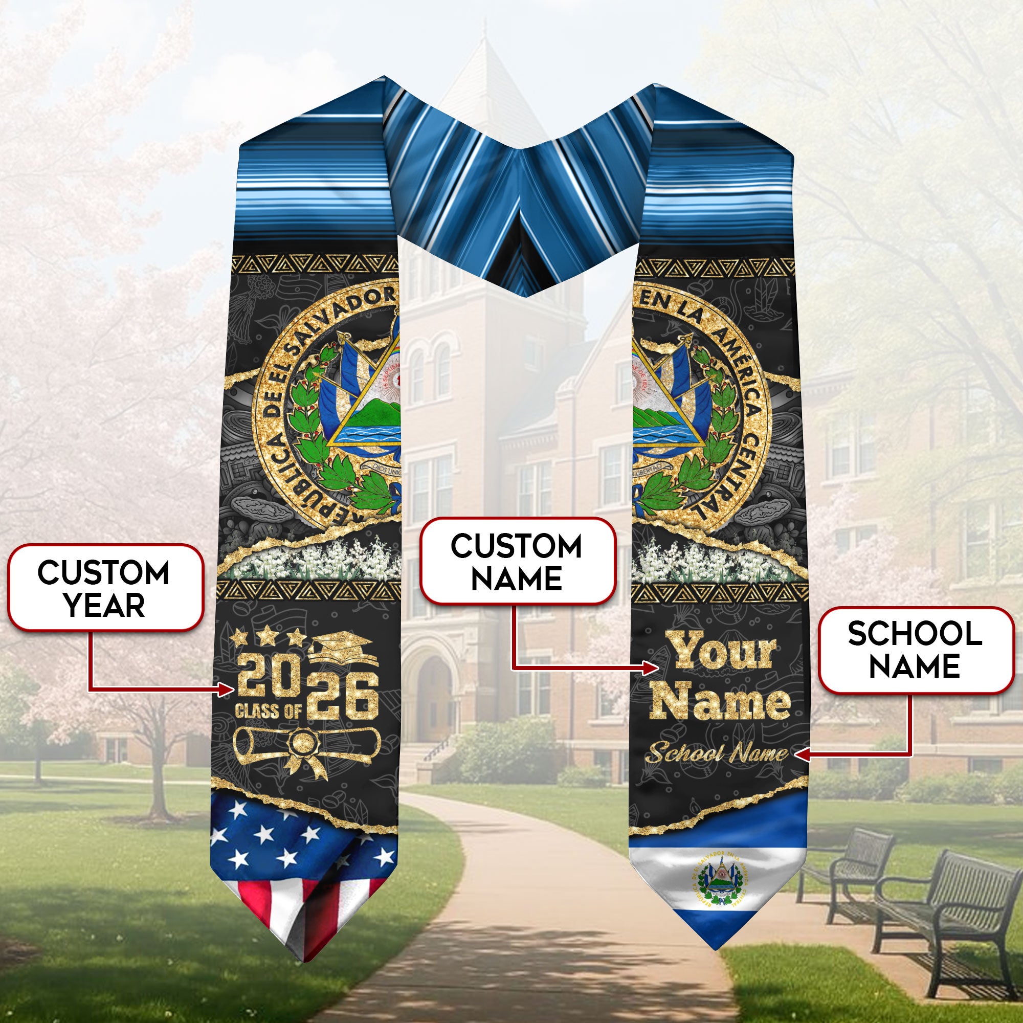 Customized El Salvador Graduation Stole Featuring Salvadoran Flag Accents, Graduation Sash 2026