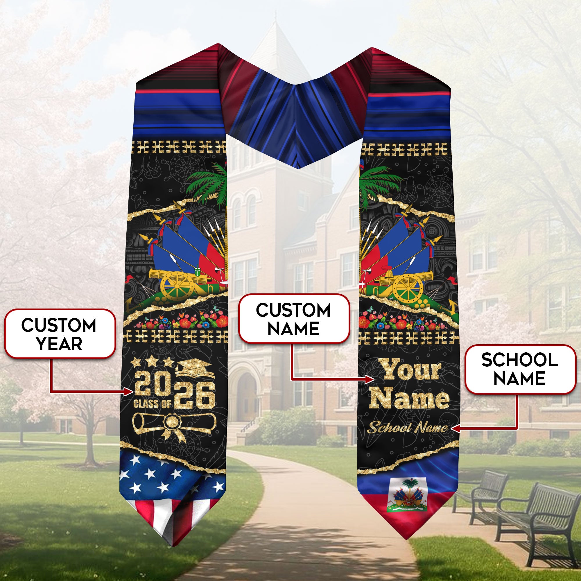 Customized Haiti Graduation Stole with Haitian Flag Elements, Graduation Sash for Class of 2026