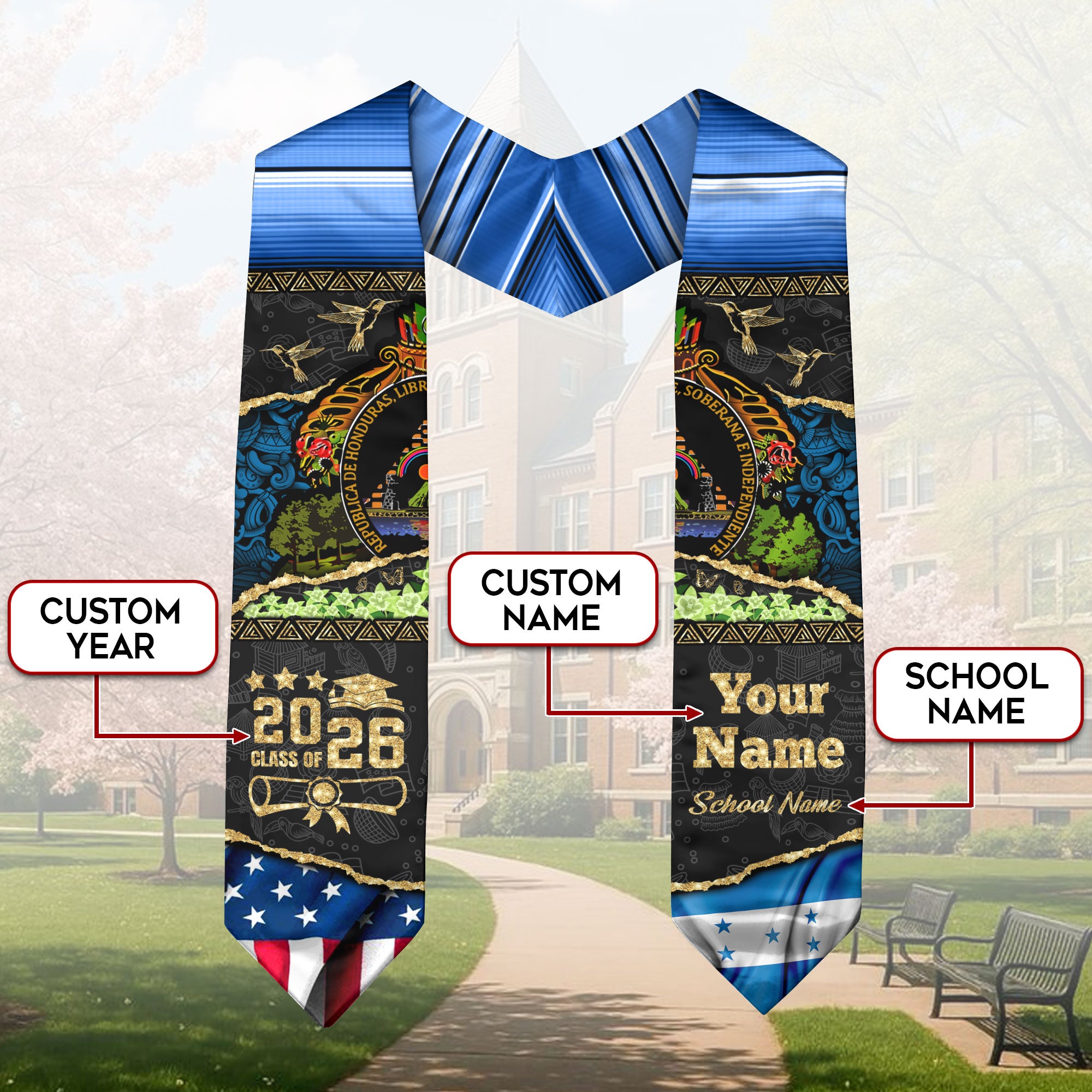Customized Honduras Graduation Stole Highlighting National Flag Style, Graduation Sash 2026