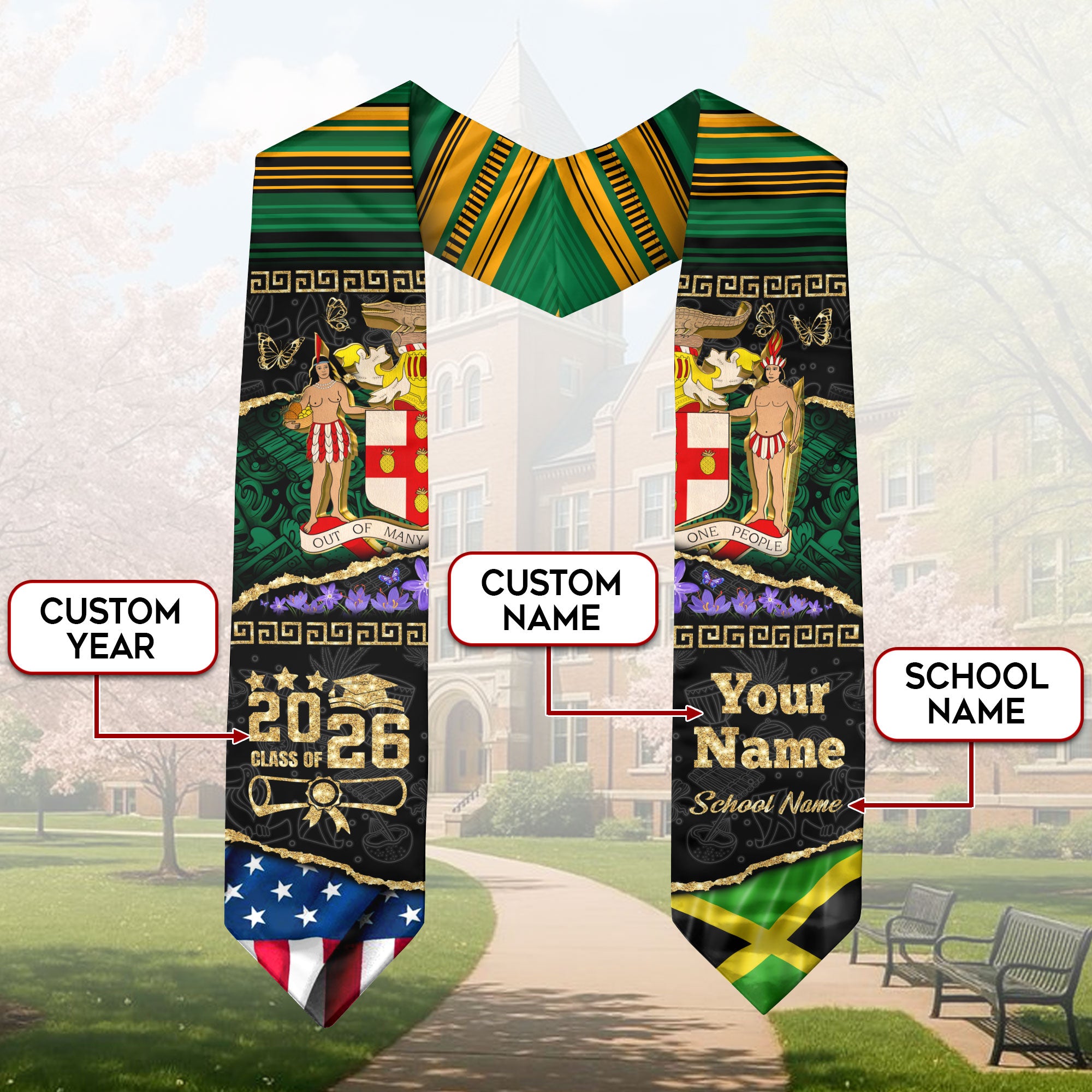 Customized Jamaica Graduation Stole with Cultural Flag Theme, Graduation Sash for Class of 2026