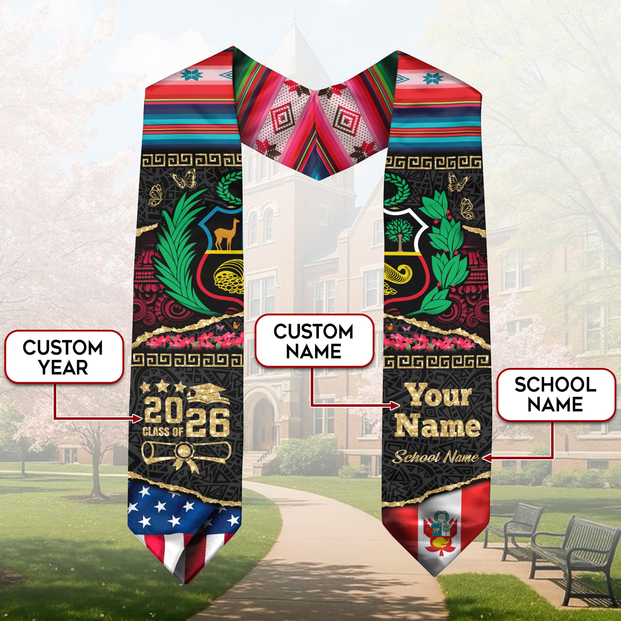 Customized Peru Graduation Stole Featuring Peruvian Flag Colors, Graduation Sash Class of 2026